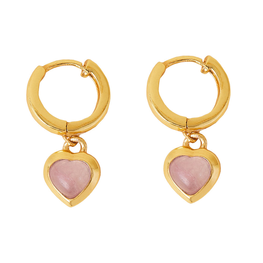 Real Gold Plated Pink Z Rose Quartz Heart Charm Huggies Hoop Earring