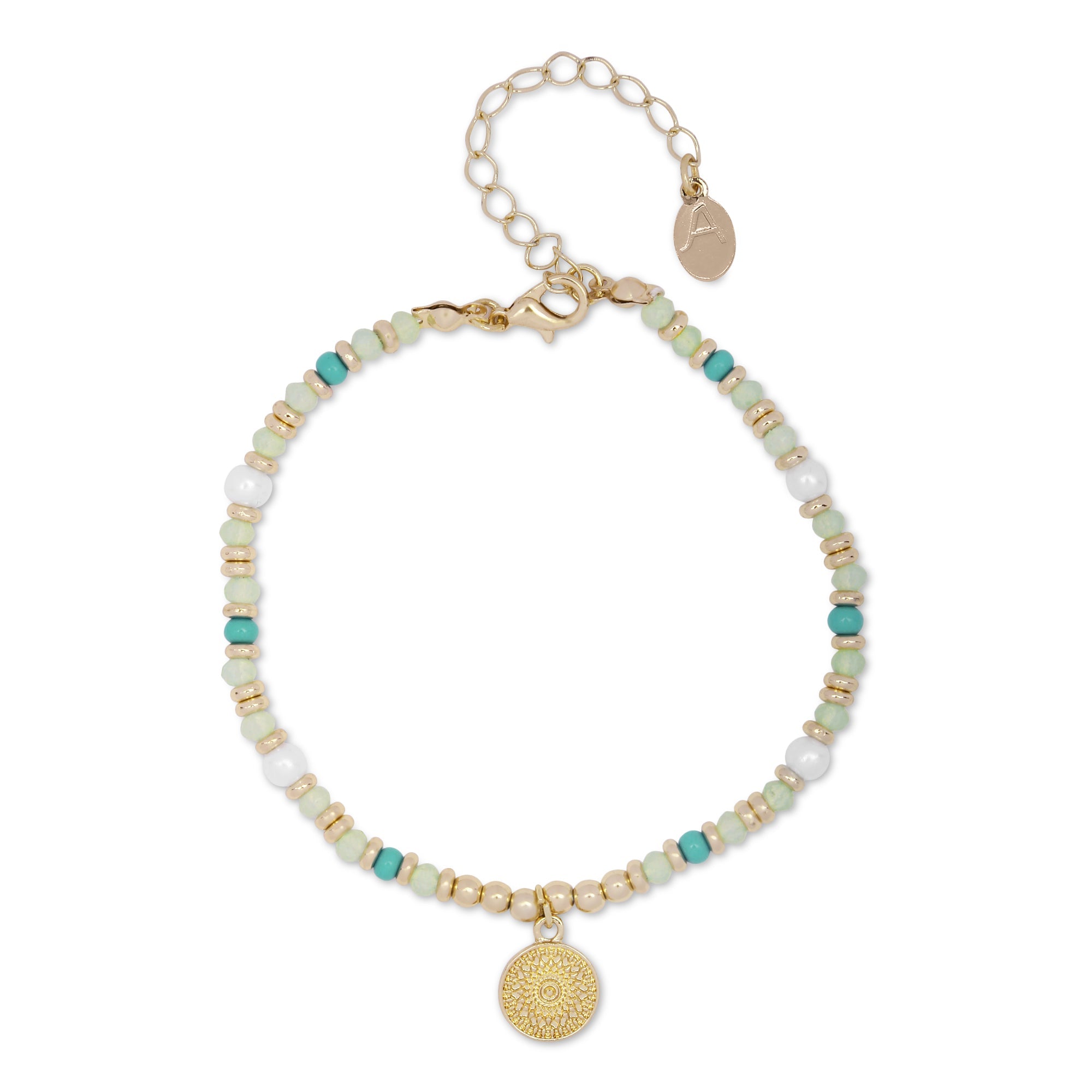 Accessorize London Women's Green Bead, Pearl & Coin Anklet