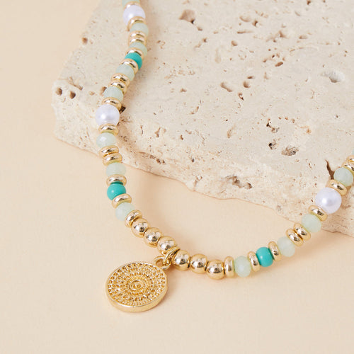 Accessorize London Women's Green Bead, Pearl & Coin Anklet