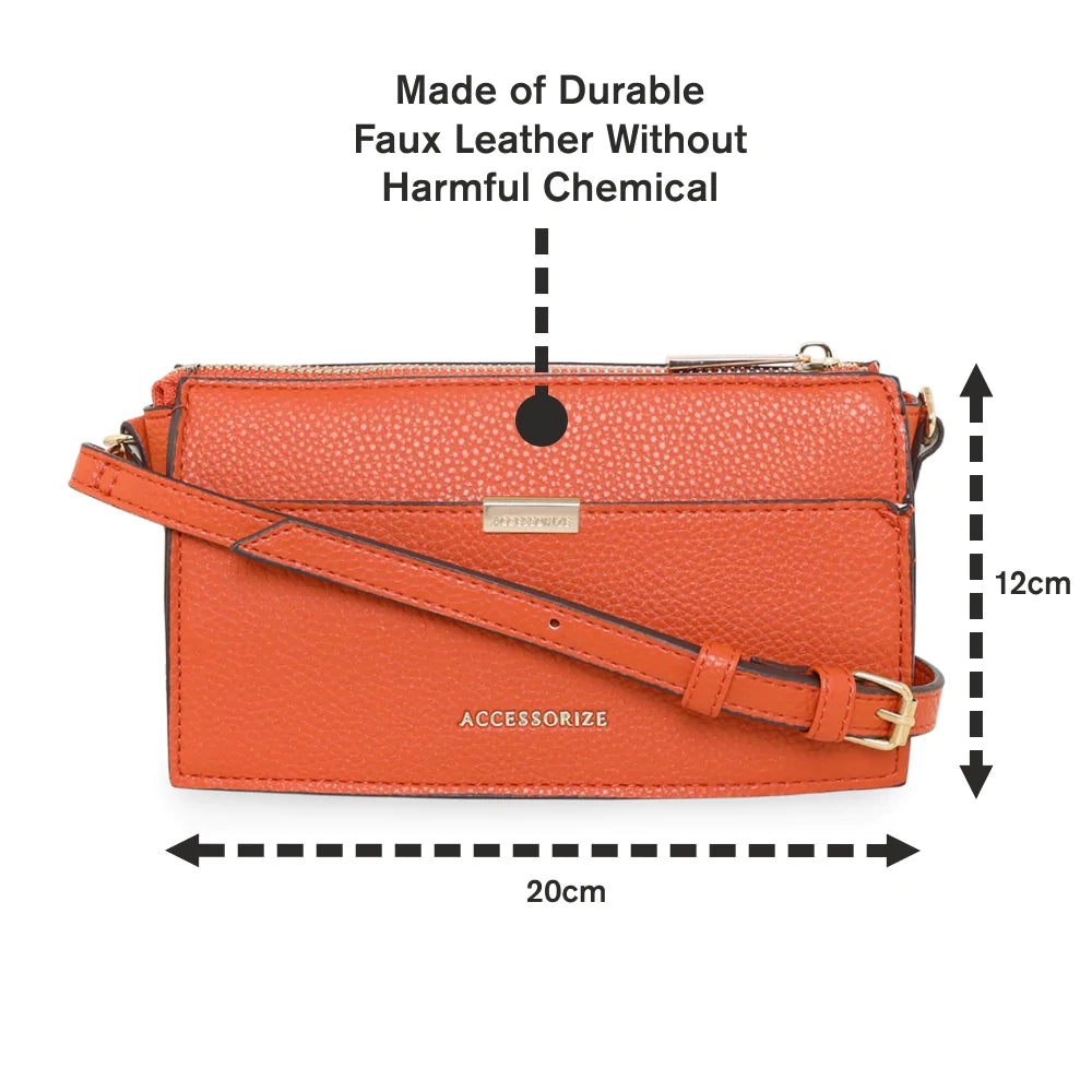 Accessorize London Women's Faux Leather Orange Small zip Sling Bag