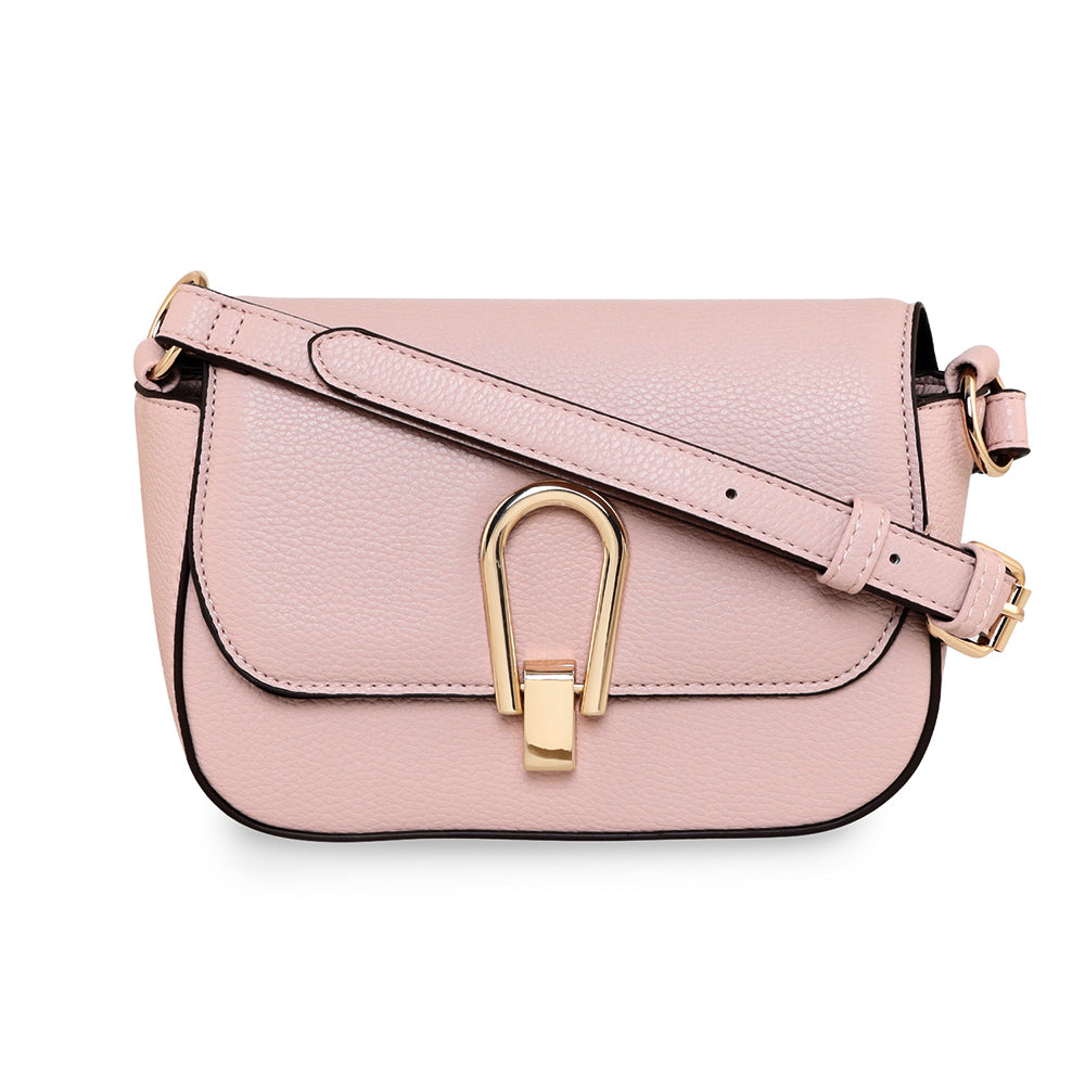 Accessorize London Women's Faux Leather Large metal lock Nude Pink Sling Bag