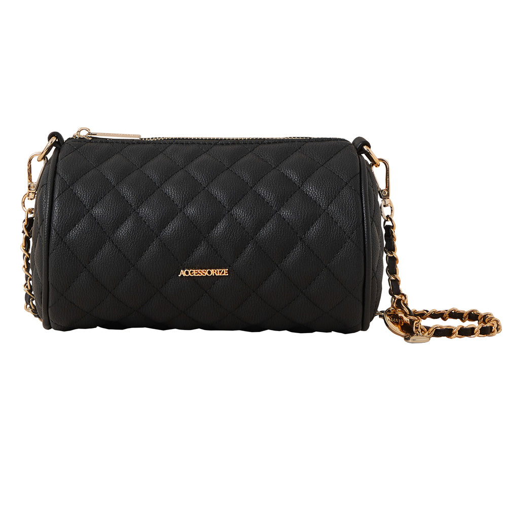 Accessorize London Women's Faux Leather Black Quilted barrel Sling Bag