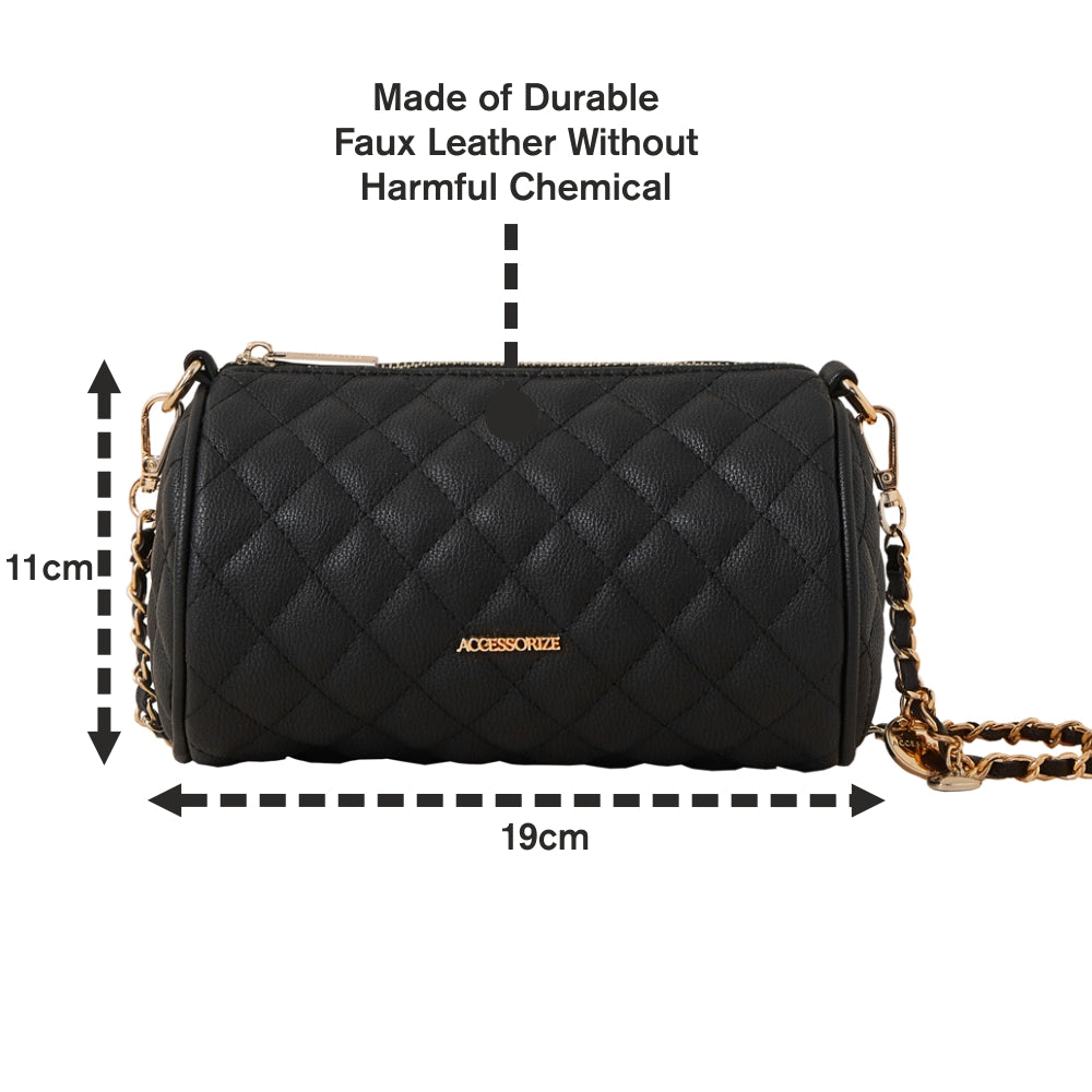 Accessorize London Women's Faux Leather Black Quilted barrel Sling Bag