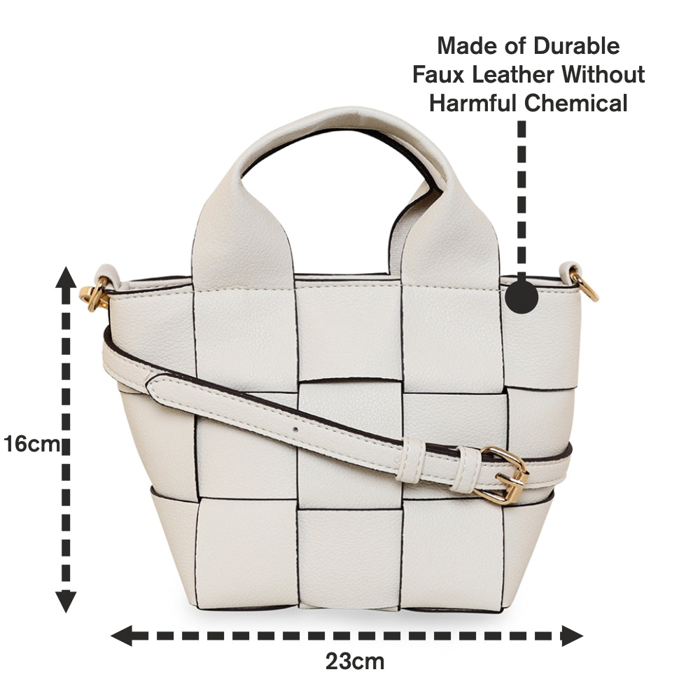 Accessorize London Women's Faux Leather Cream Woven mini weave Sling bag