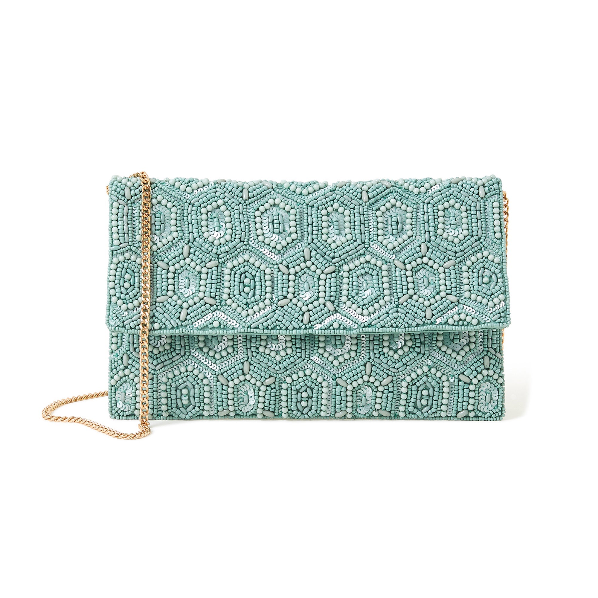 Accessorize London Women's Green Embellished Fold-Over Clutch Bag