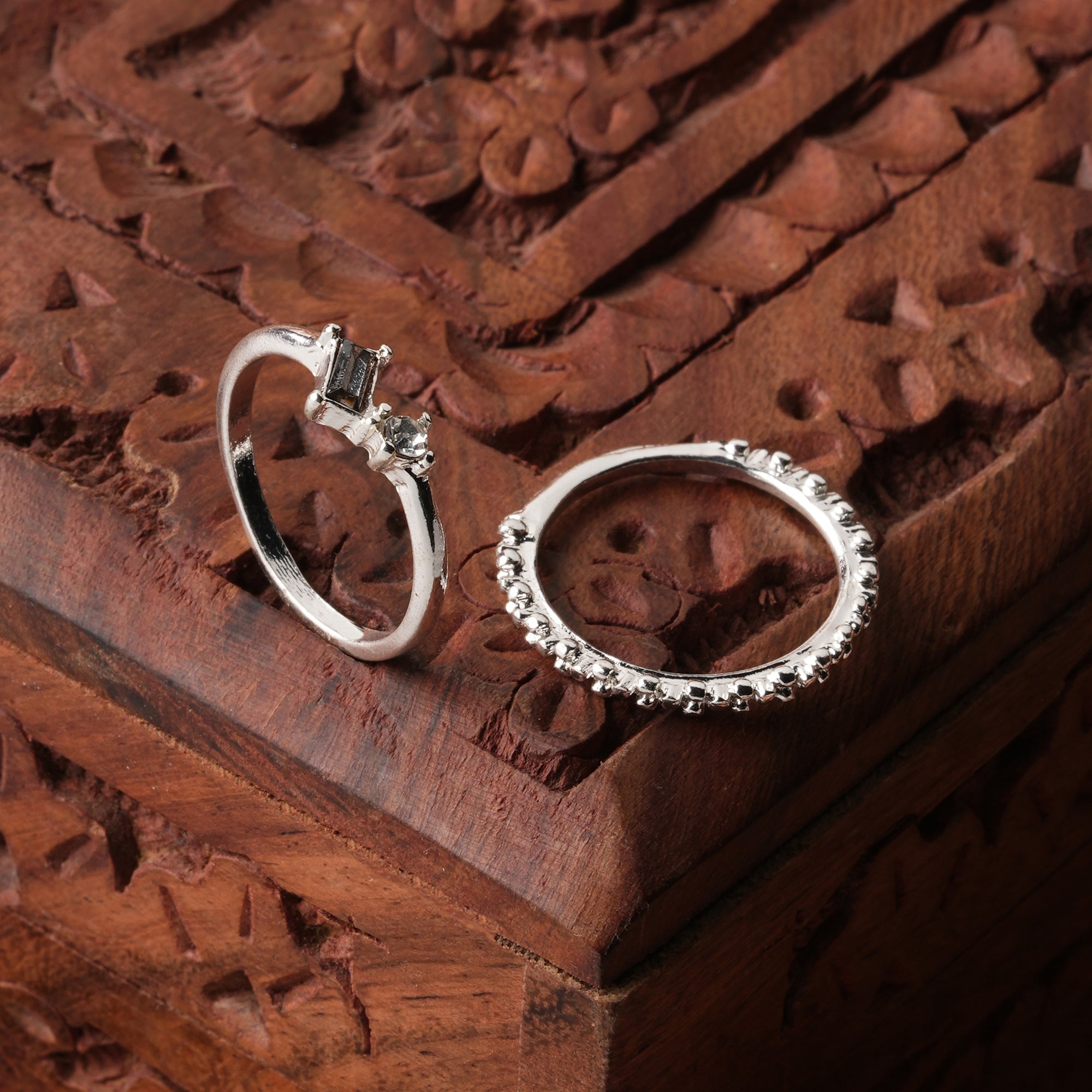 Accessorize London Women's Silver set of 2 Sparkle Gem And Textured Ring-Small