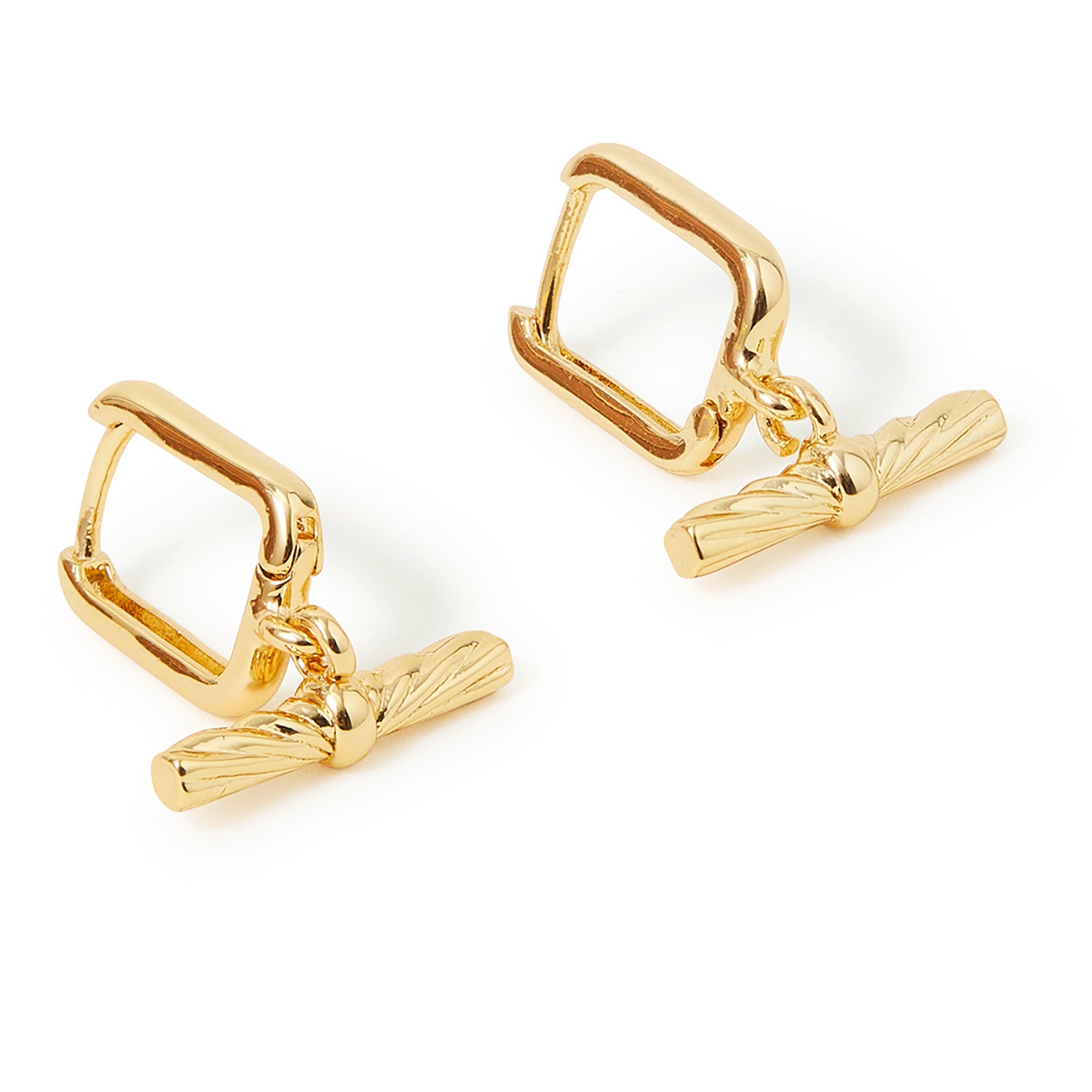 Real Gold Plated Gold Z Sunray T-Bar Drop Rectangular Huggies Earrings