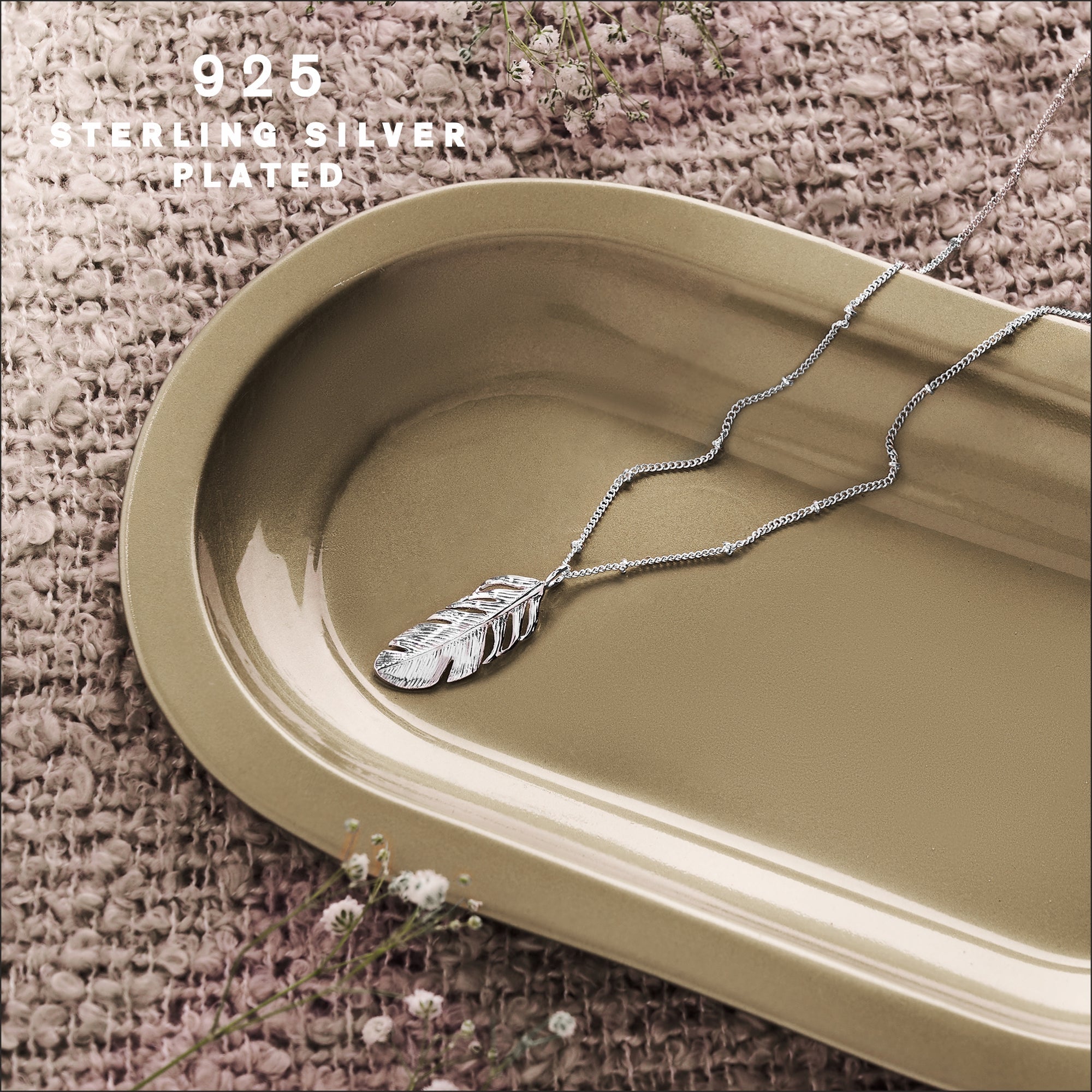 925 Pure Sterling Silver Plated Long Leaf Necklace