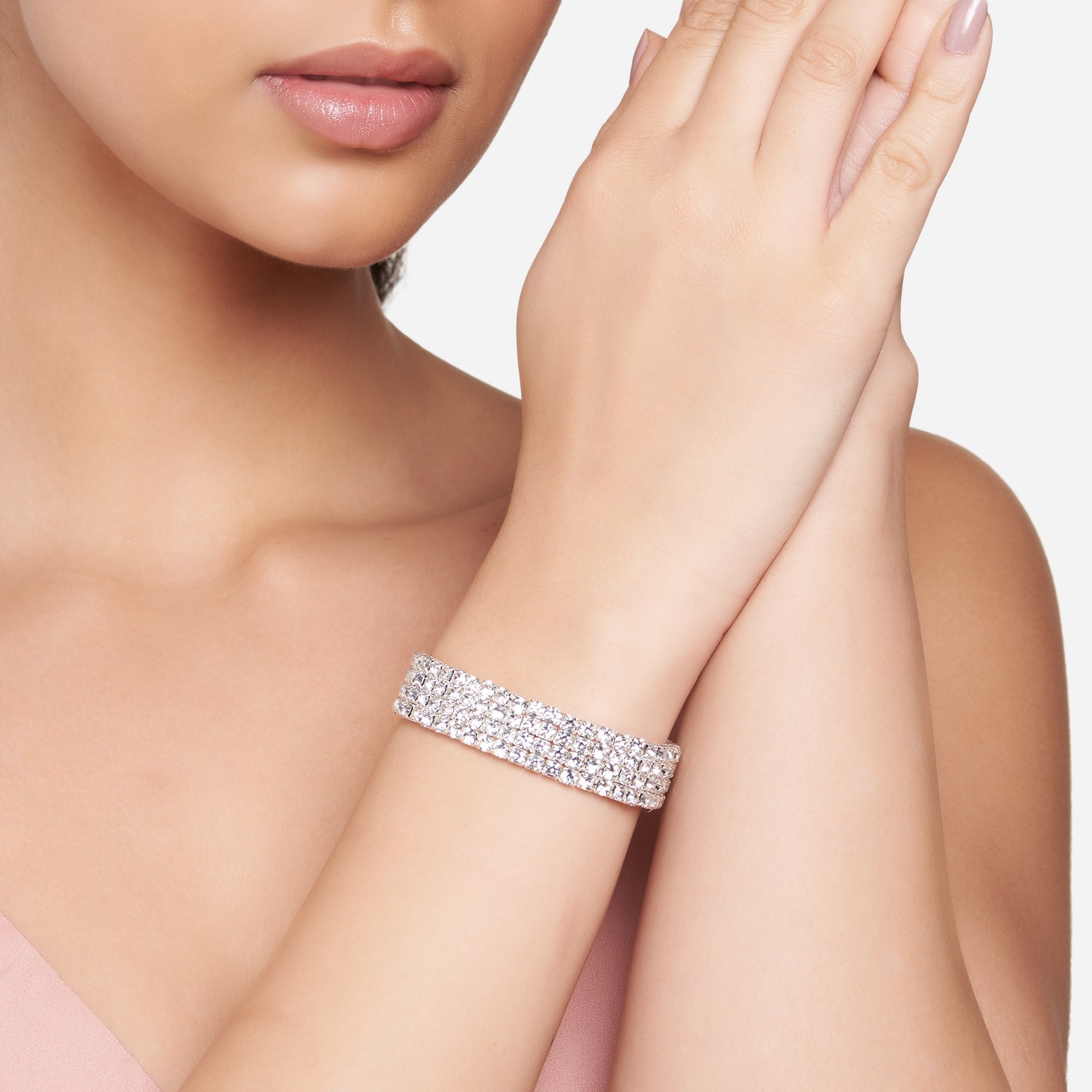 Accessorize London Women's Silver Wide Crystal Cupchain Stretch Bracelet