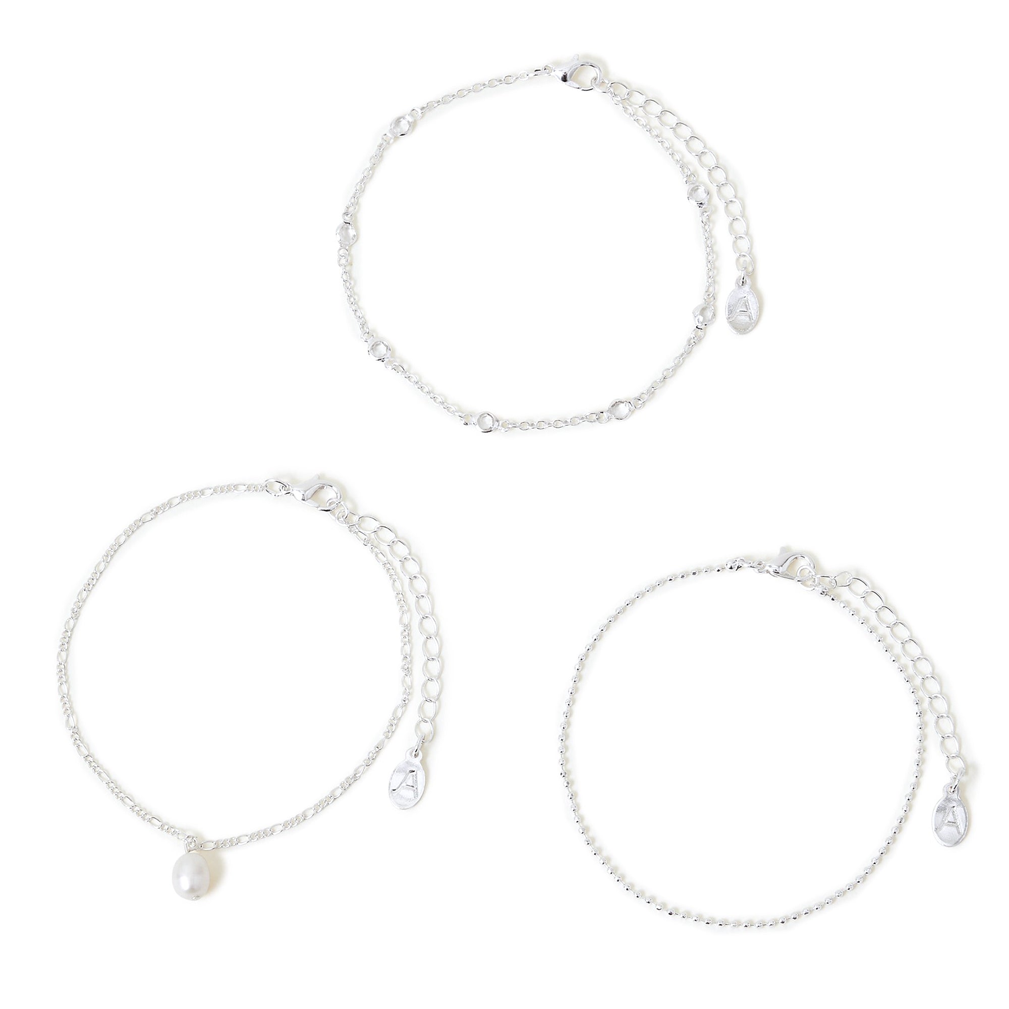 Accessorize London Women's Silver Station Disc & Pearl Anklets Pack Of 3