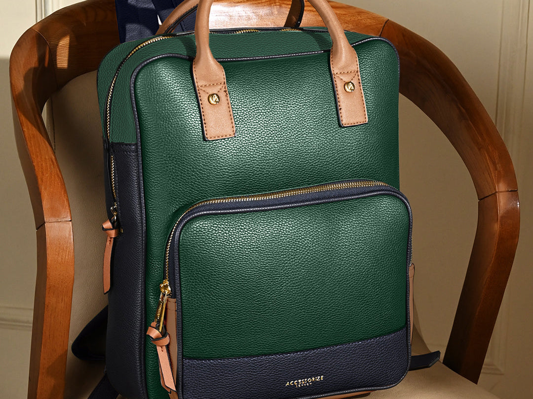 Accessorize London Women's Faux Leather Green Pocket Handle Backpack With 12 Laptop Sleeve