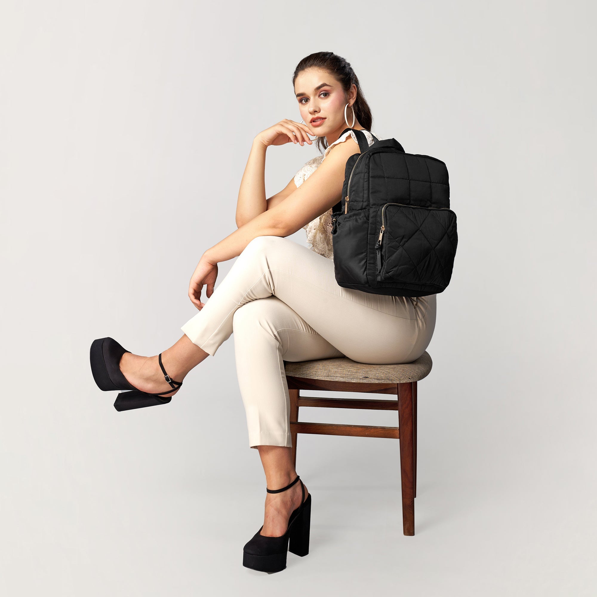 Accessorize London Women's Black Quilted Nylon Laptop Backpack With 12" Laptop Sleeve