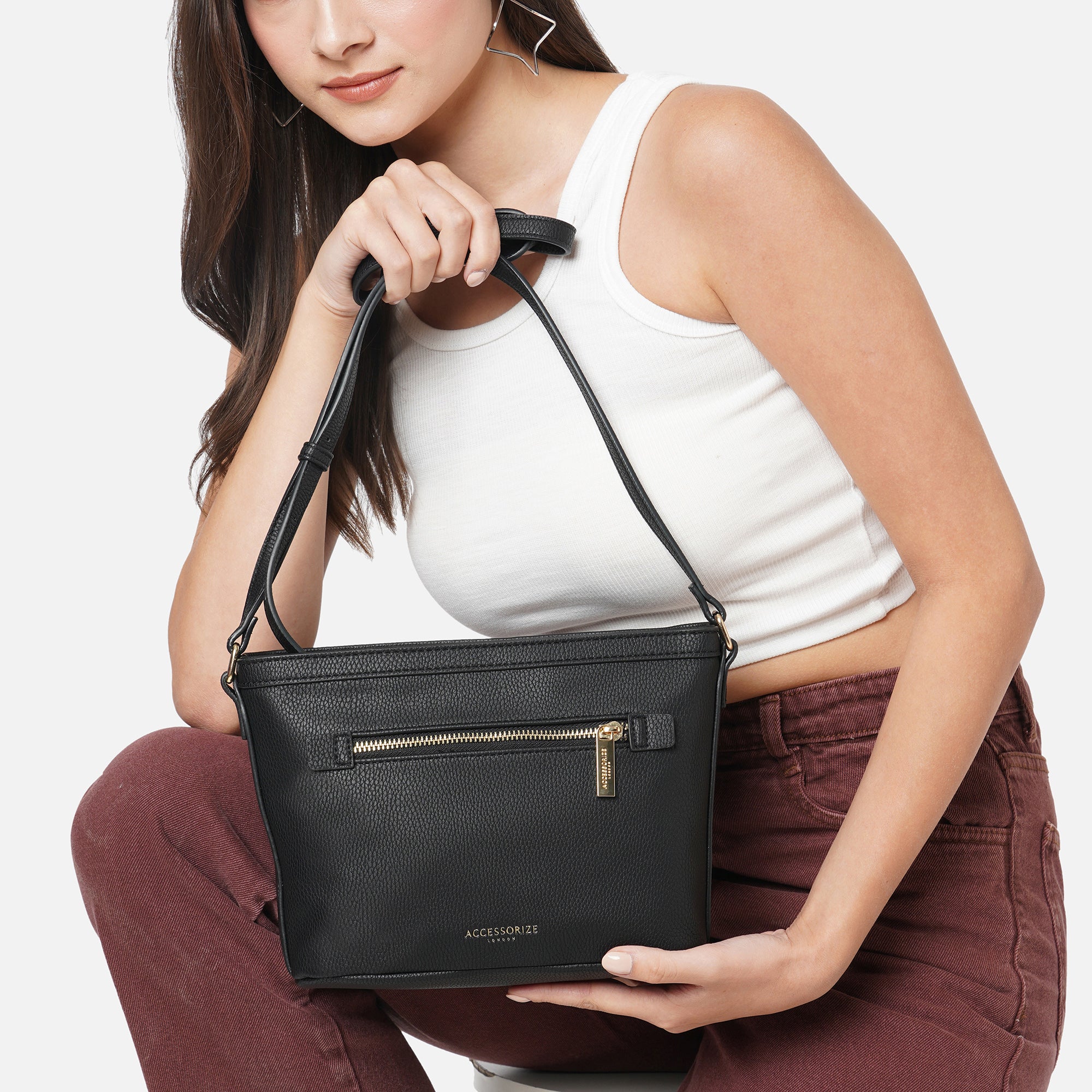 Accessorize London Women's Faux Leather Black Top Zip Sling Bag