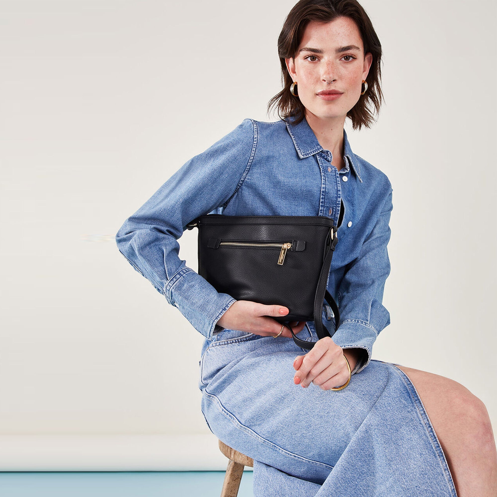 Accessorize London Women's Faux Leather Black Top Zip Sling Bag