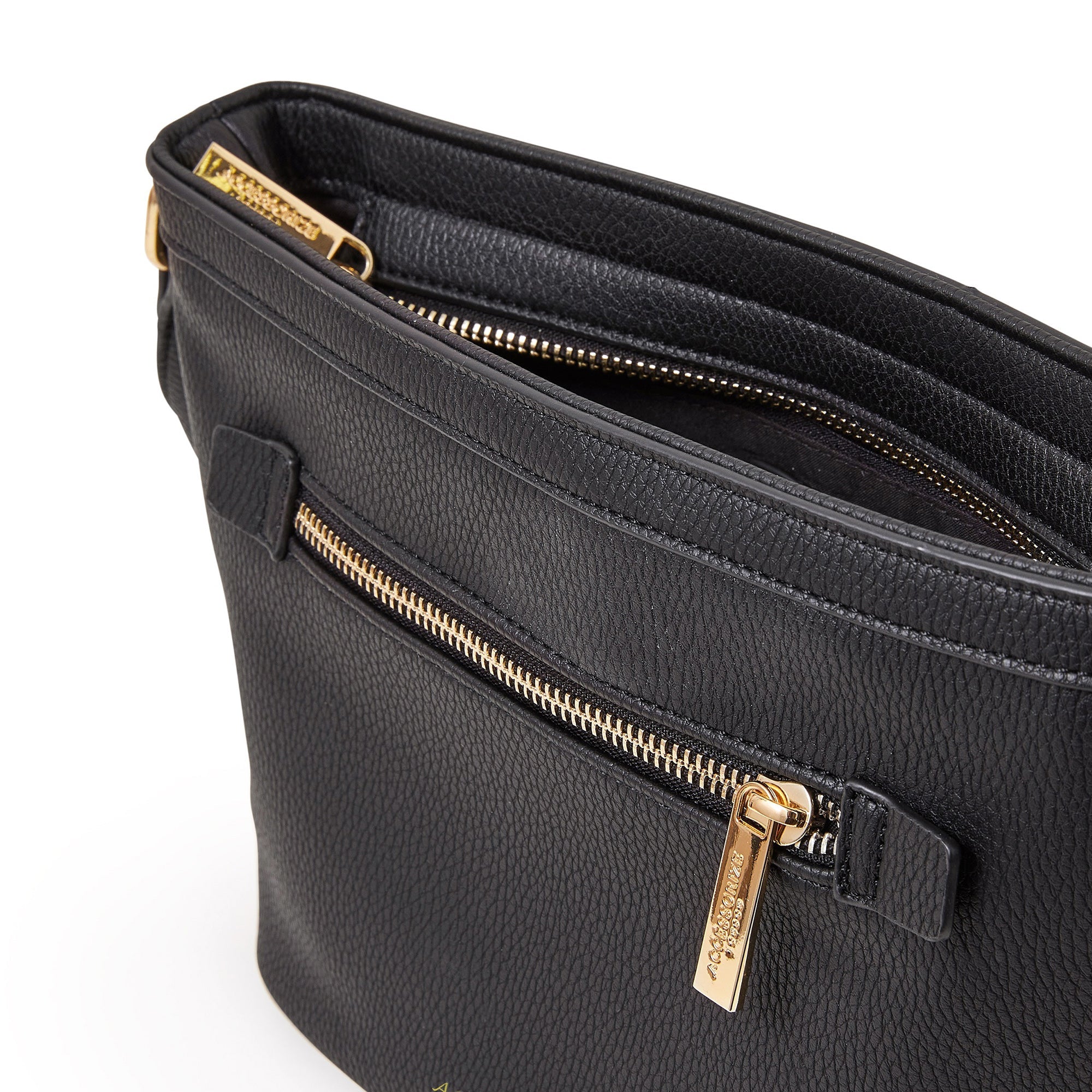 Accessorize London Women's Faux Leather Black Top Zip Sling Bag