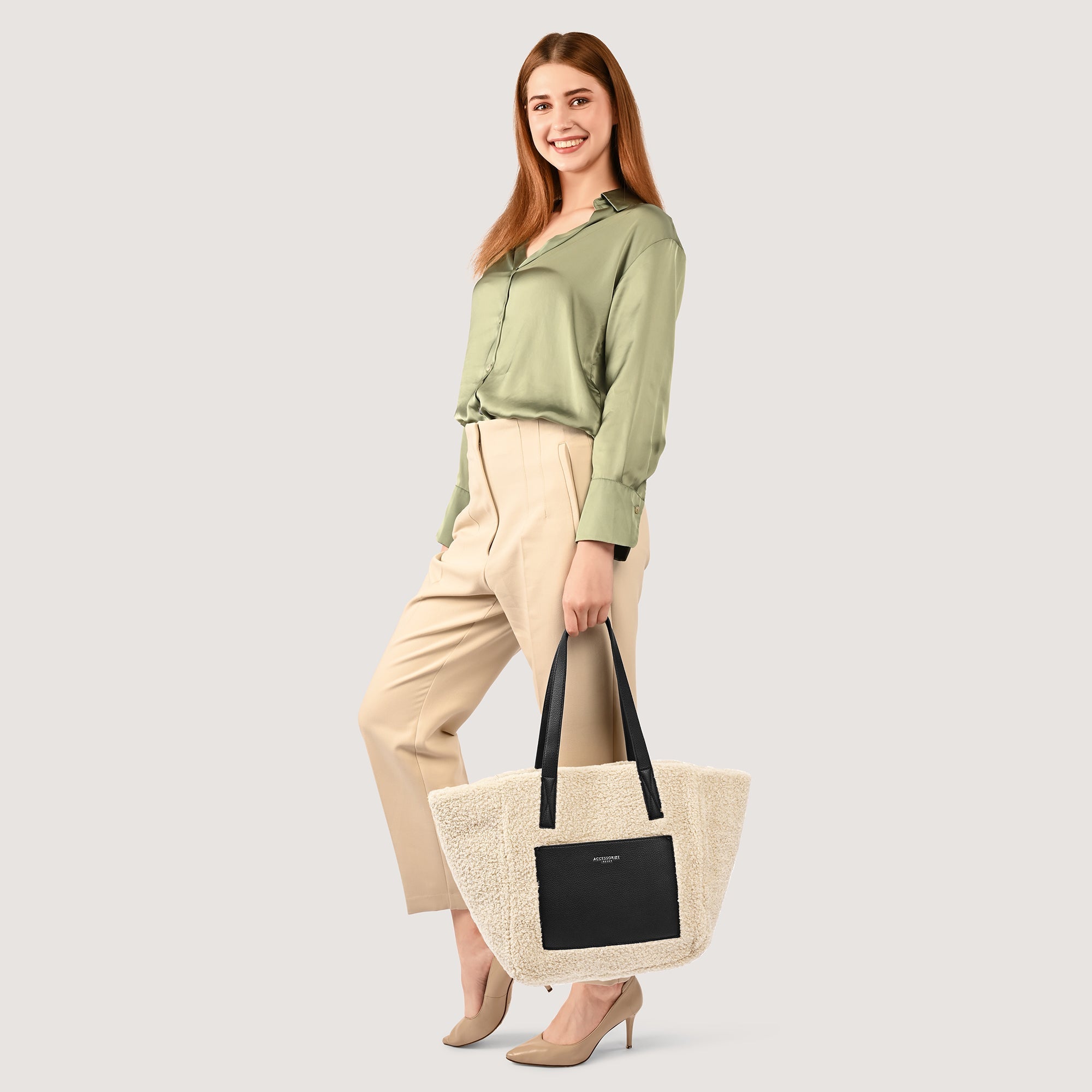 Cream Faux Shearling Tote Bag