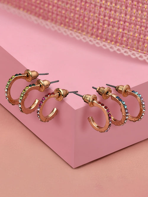 Accessorize London Women'S Gold Island Vibe Set Of 3 Ombre Crystal Huggie Hoop Earring