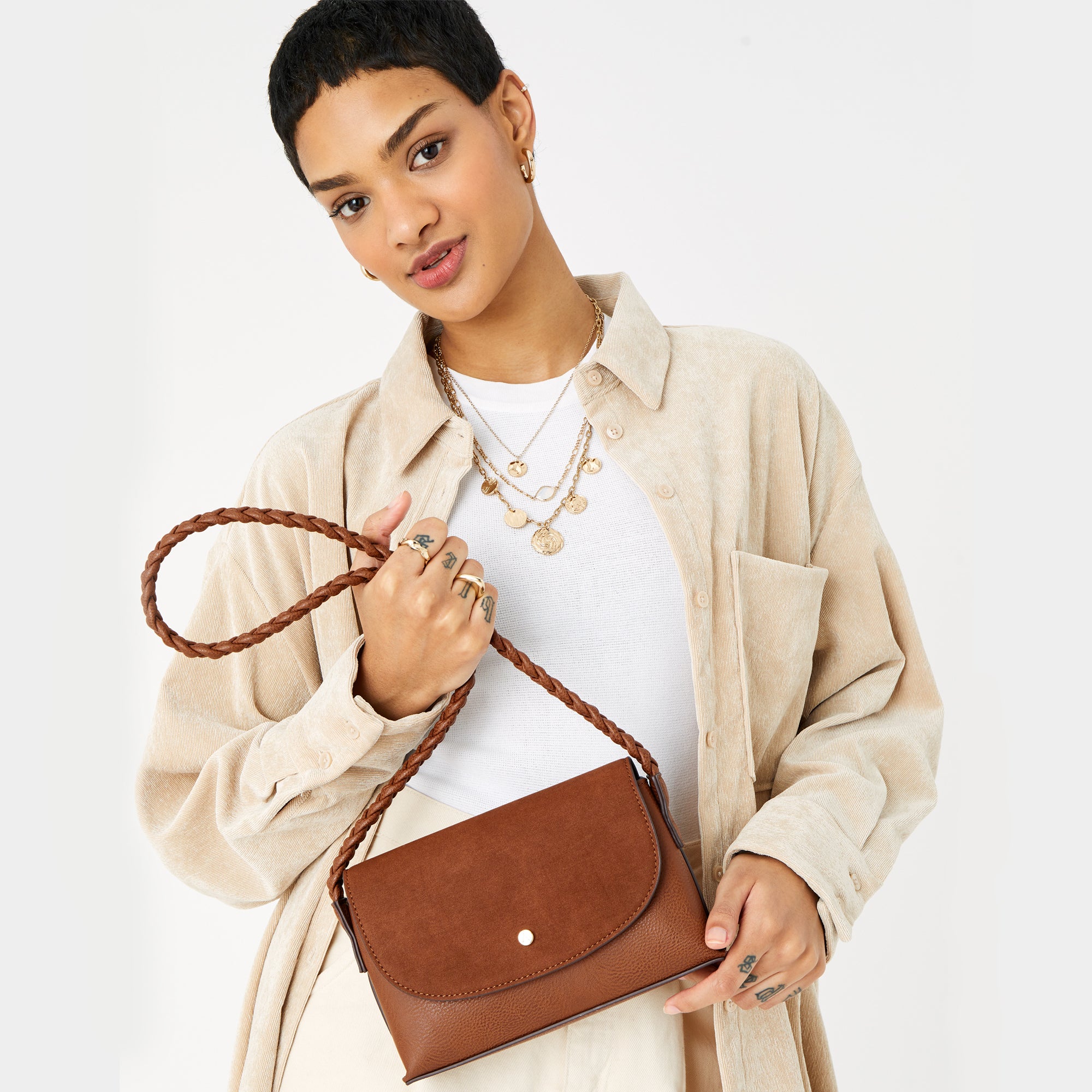 Accessorize London Women's Faux Leather Tan Pia Plaited Sling Bag