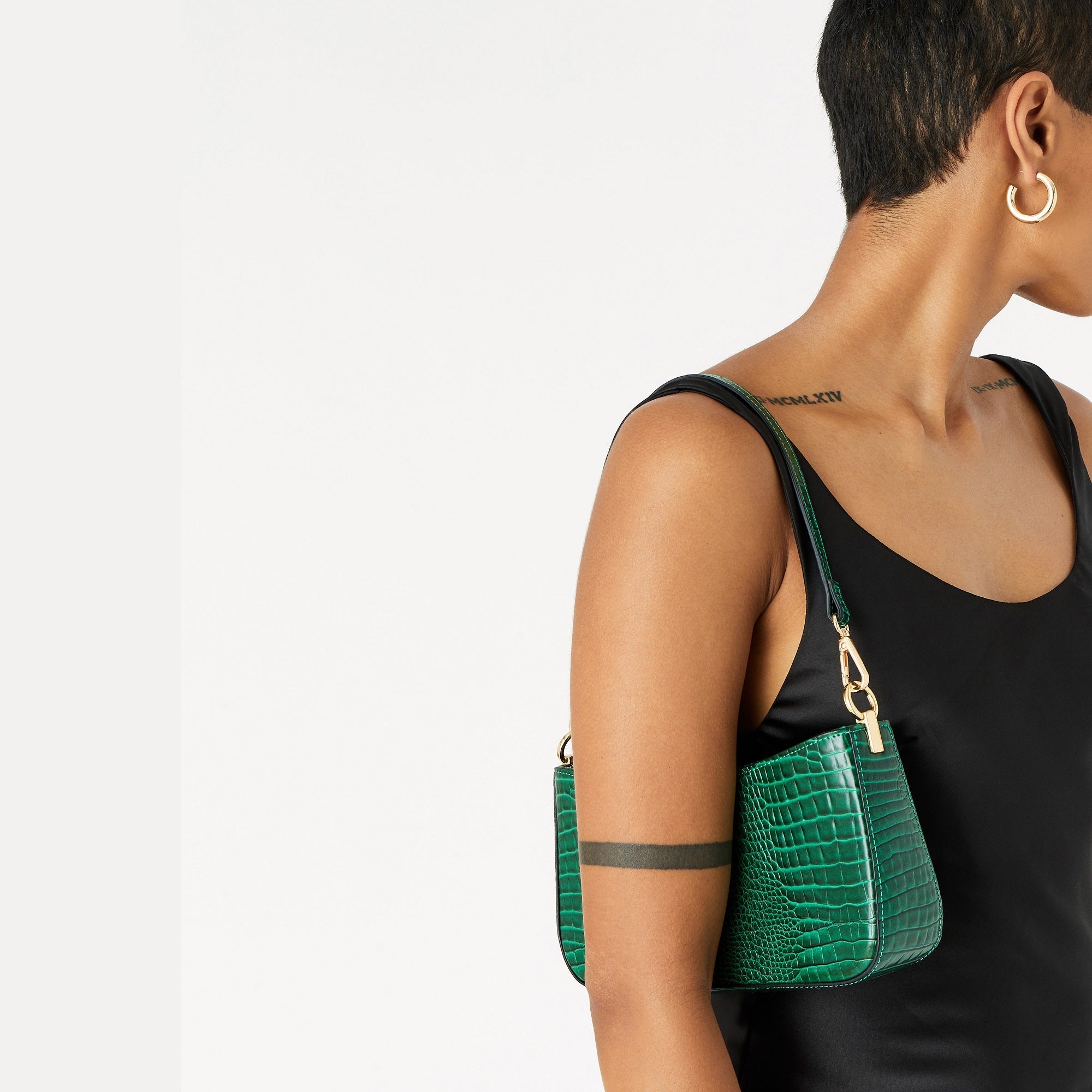 Faux Leather Croc Roxanne Baguette Shoulder Bag - Green
