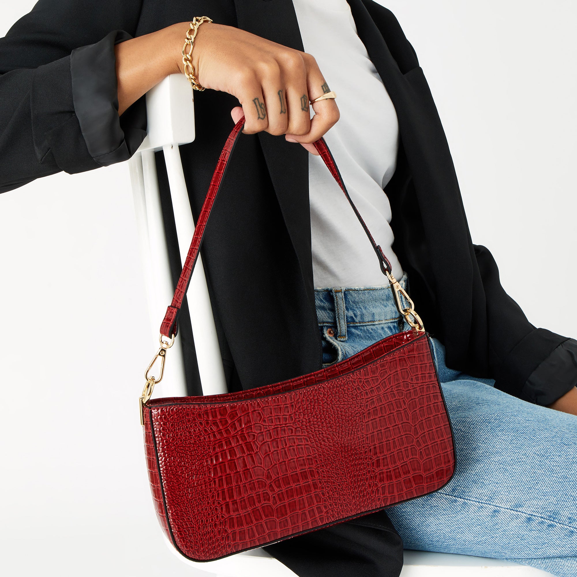 Accessorize London Women's Faux Leather Croc Roxanne Baguette Shoulder Bag - Red