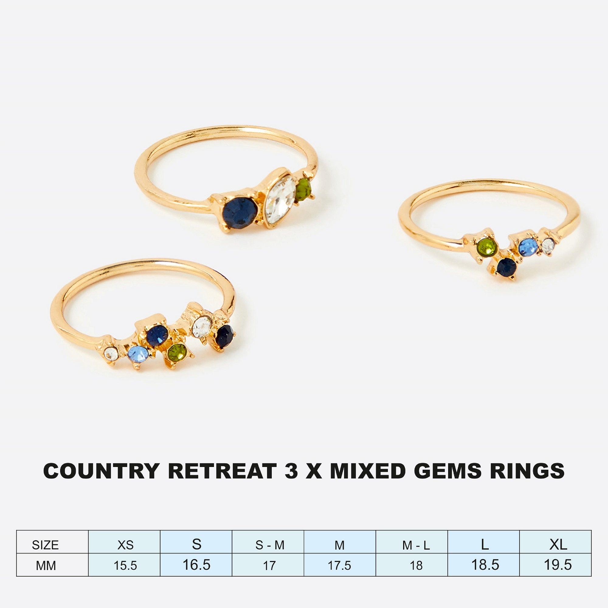 Accessorize London Women's Country Retreat Set Of 3 Mixed Gems Rings Large
