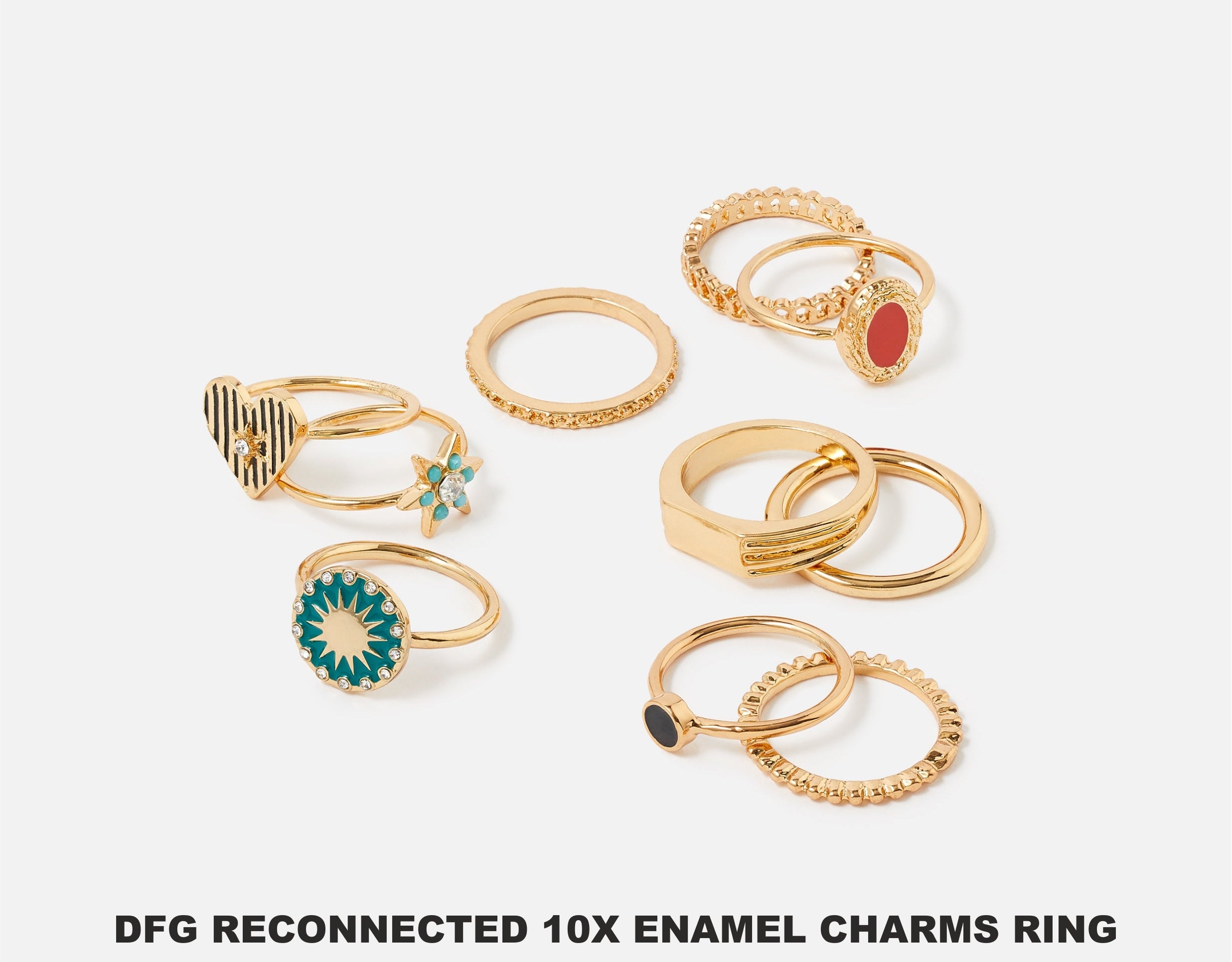 Accessorize London Women's Reconnected Pack Of 10 Enamel Charms Rings Large