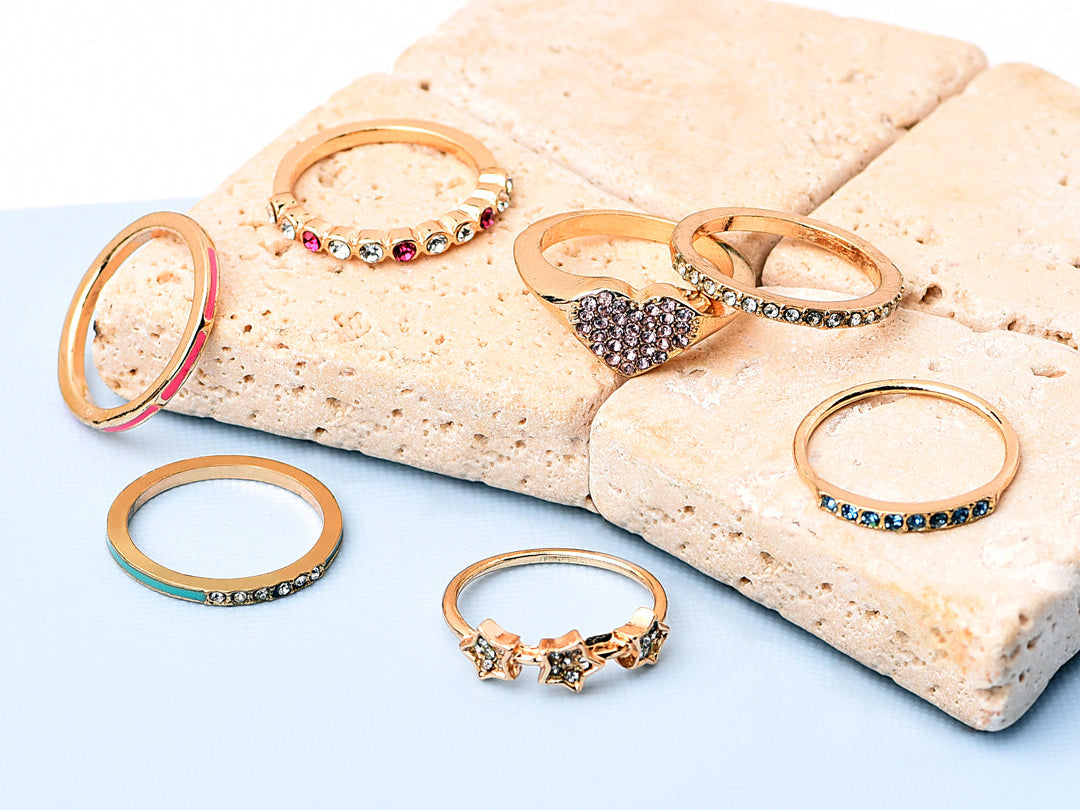 Accessorize London Women's Feel Good Pack Of 7 Crystal & Enamel Rings Large