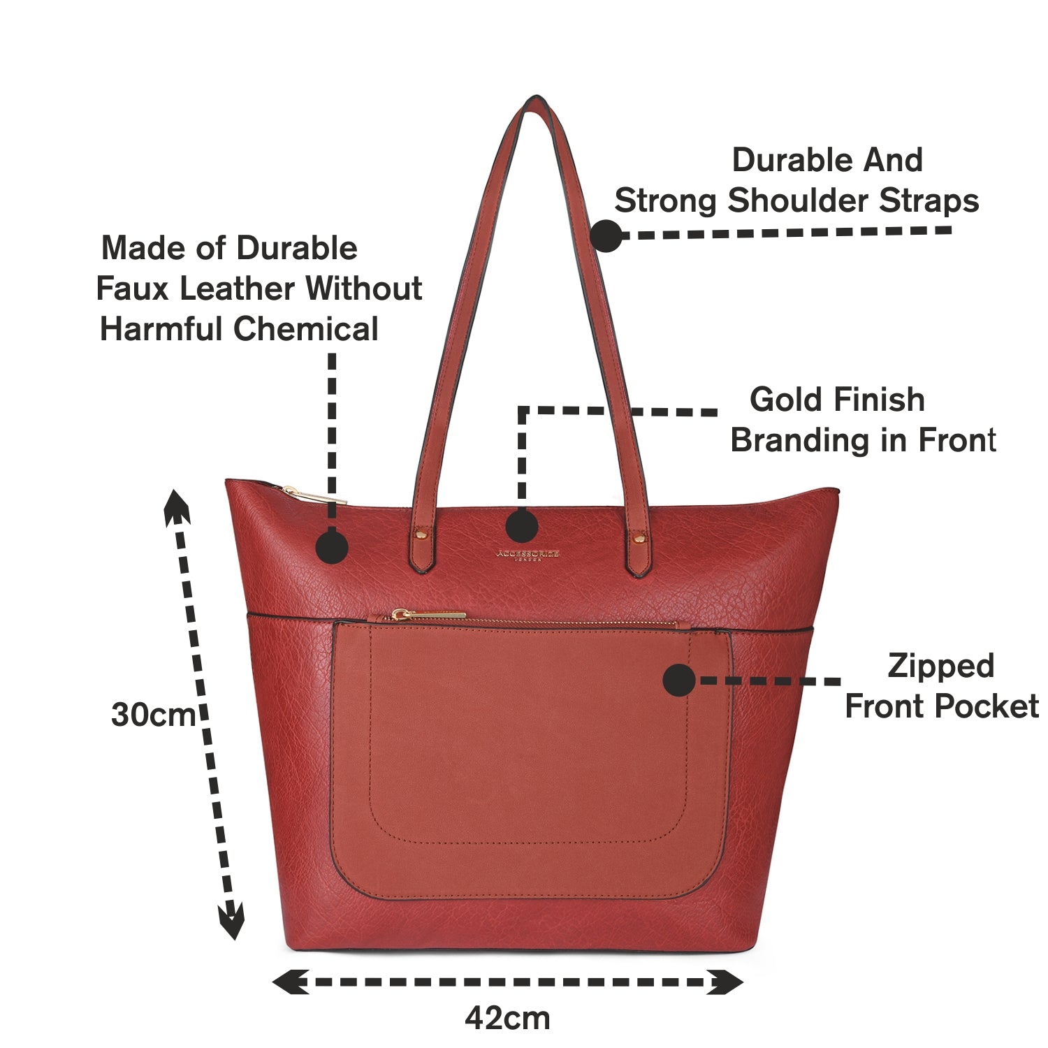 Accessorize London Women's Faux Leather Rust Orange Spacious Emily Tote Bag