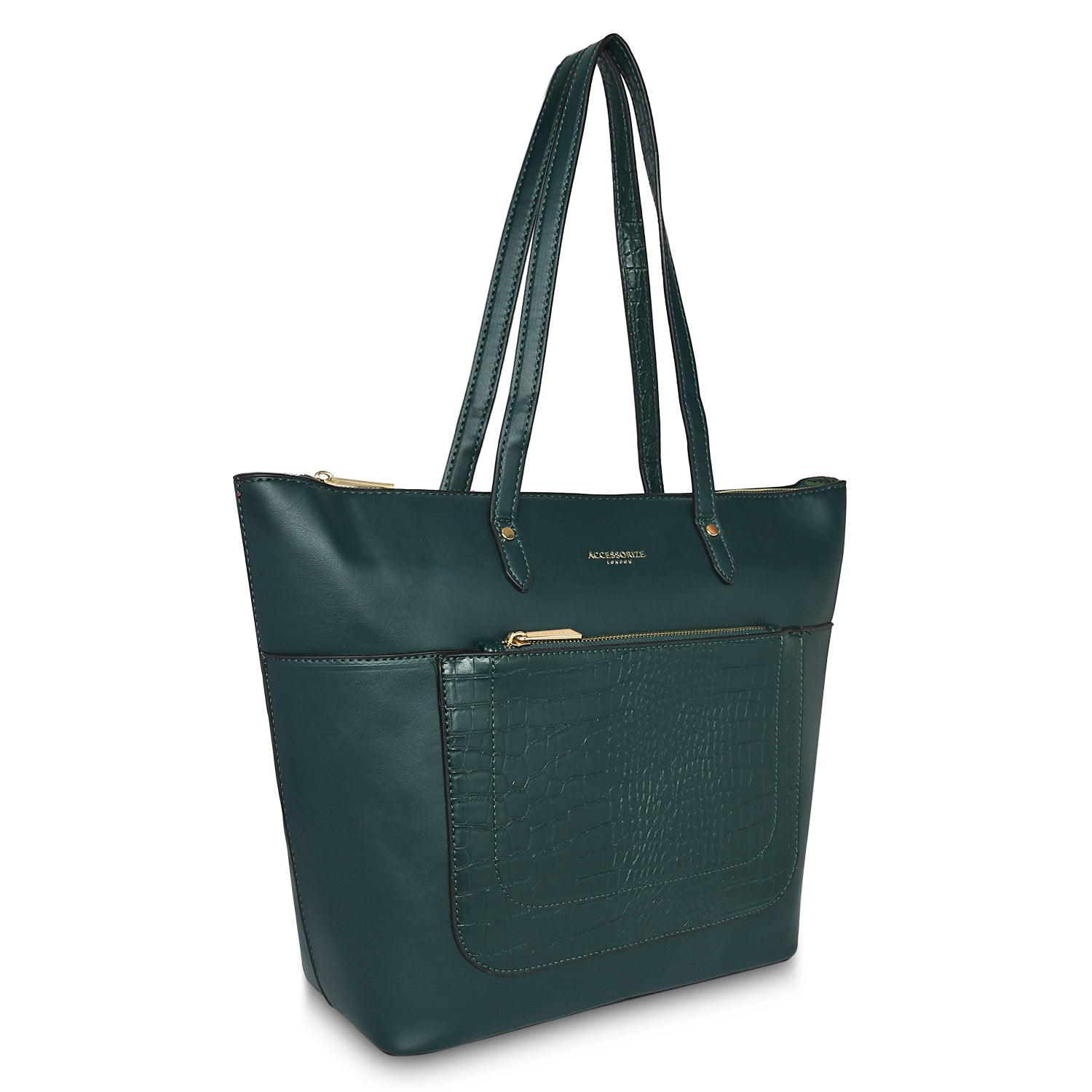 Accessorize London Women's Faux Leather Croc Panel Green Spacious Emily Tote Bag