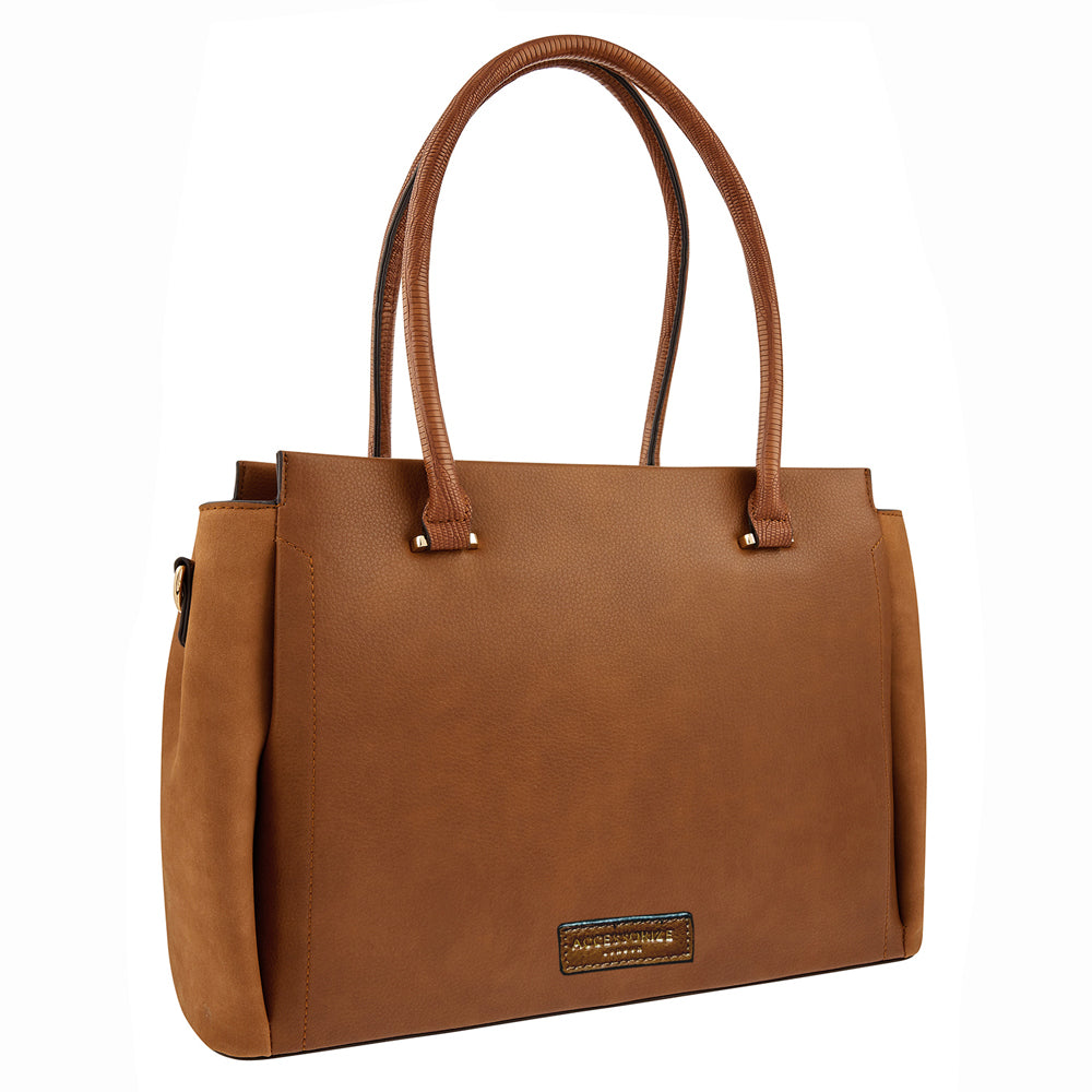 Accessorize London Women'S Faux Leather Tan Multi Pocket Morgan Work Tote Bag