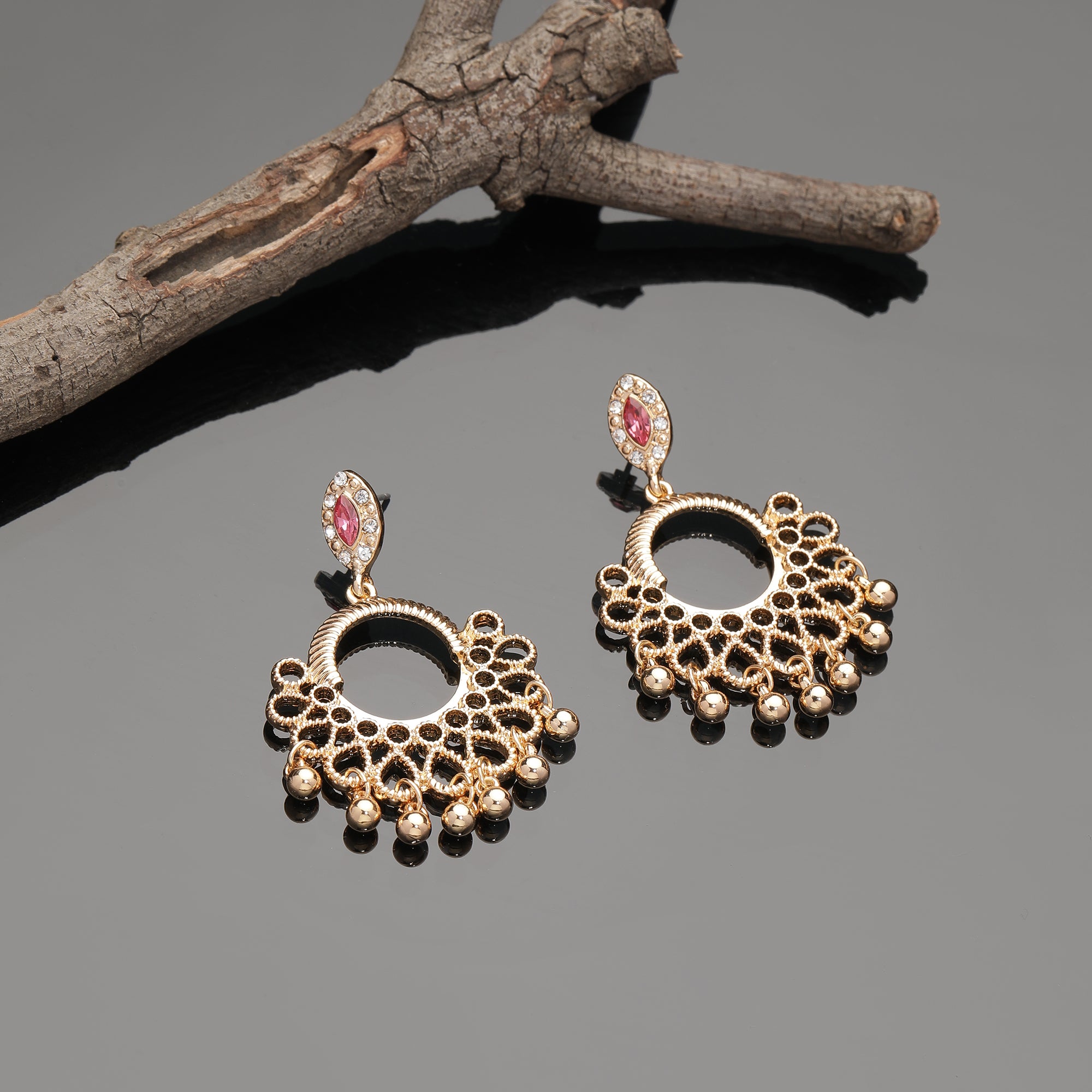 Gold Pink Stone Jhumkas