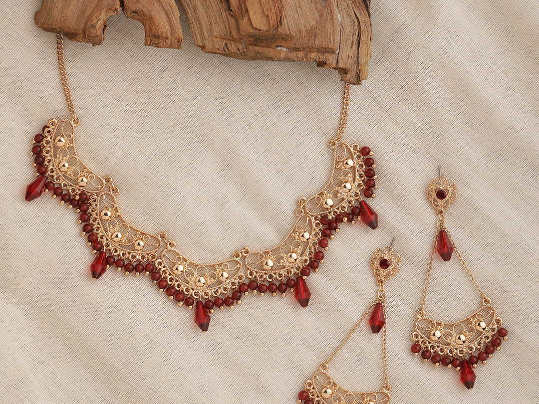 Accessorize London Women's Gold & Red Filigree Earring Necklace Set