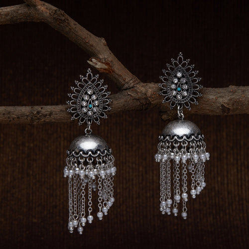 Accessorize London Women's Pearl Oxidized Silver Long Jhumkas