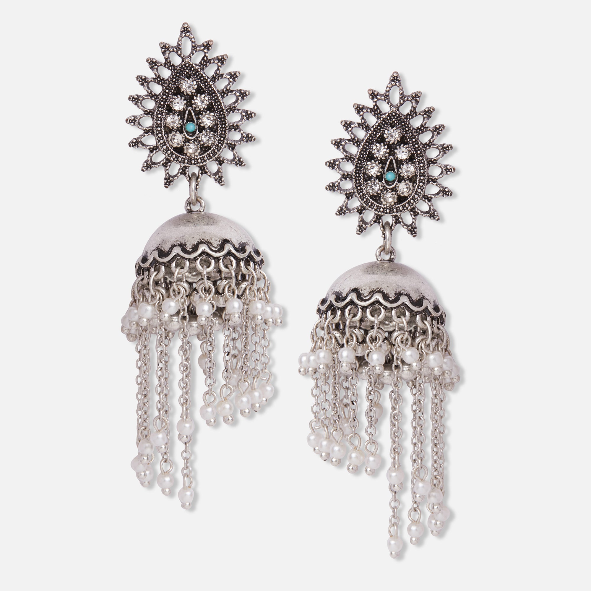 Accessorize London Women'S Pearl Oxidized Silver Long Jhumkas
