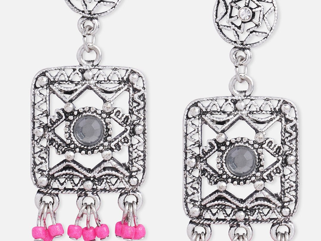 Accessorize London Women's Pink Beaded Oxidised Silver Earring