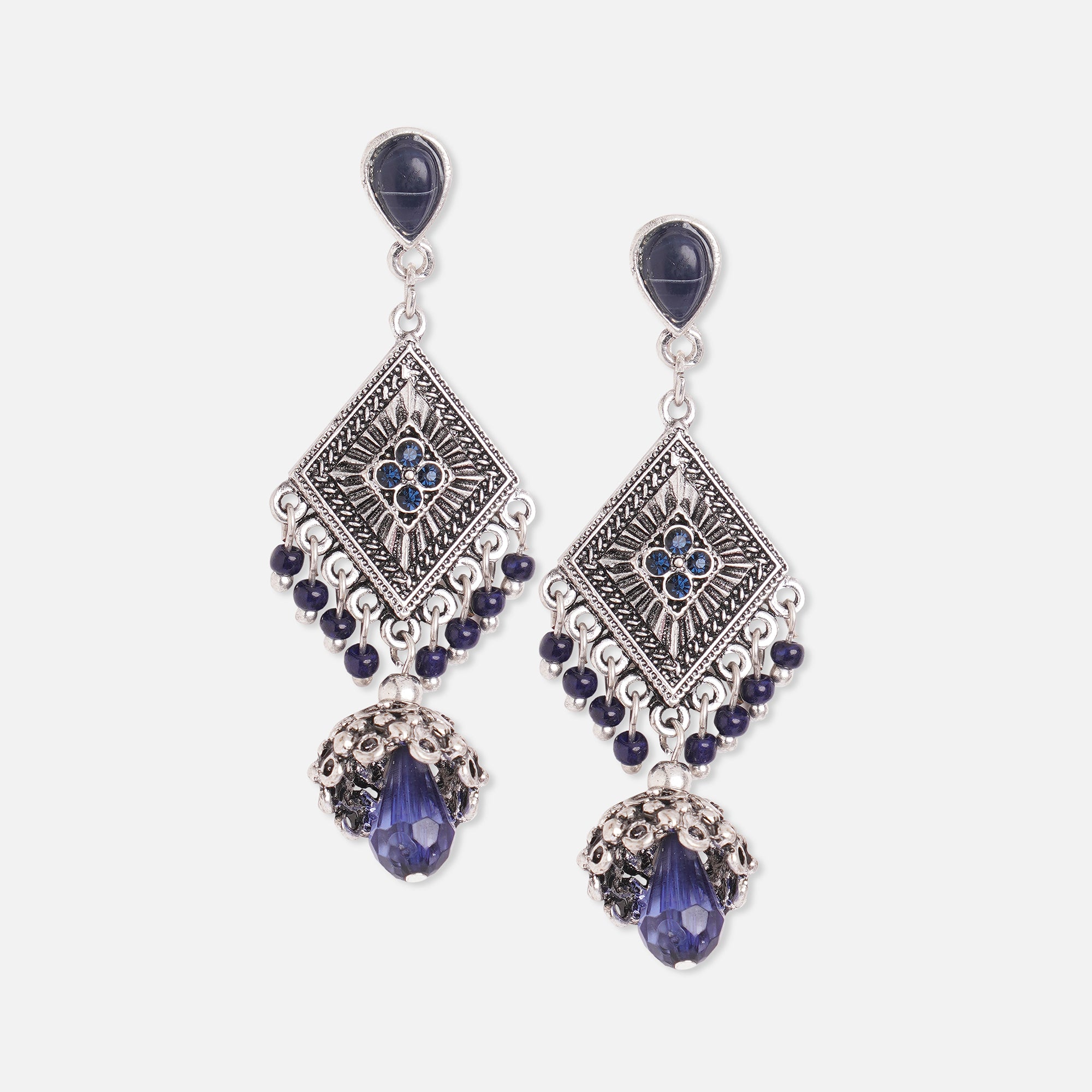 Blue Silver Plated American Diamond Tear Drop Earrings  Femizen