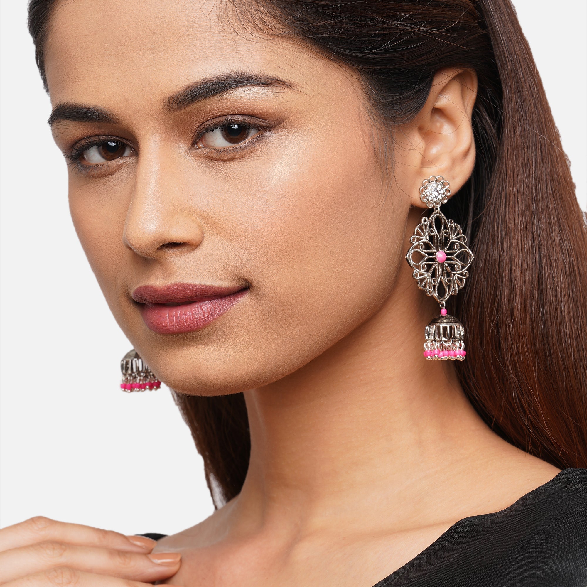 Accessorize London Women's Oxidised Pink Filigree Jhumkas