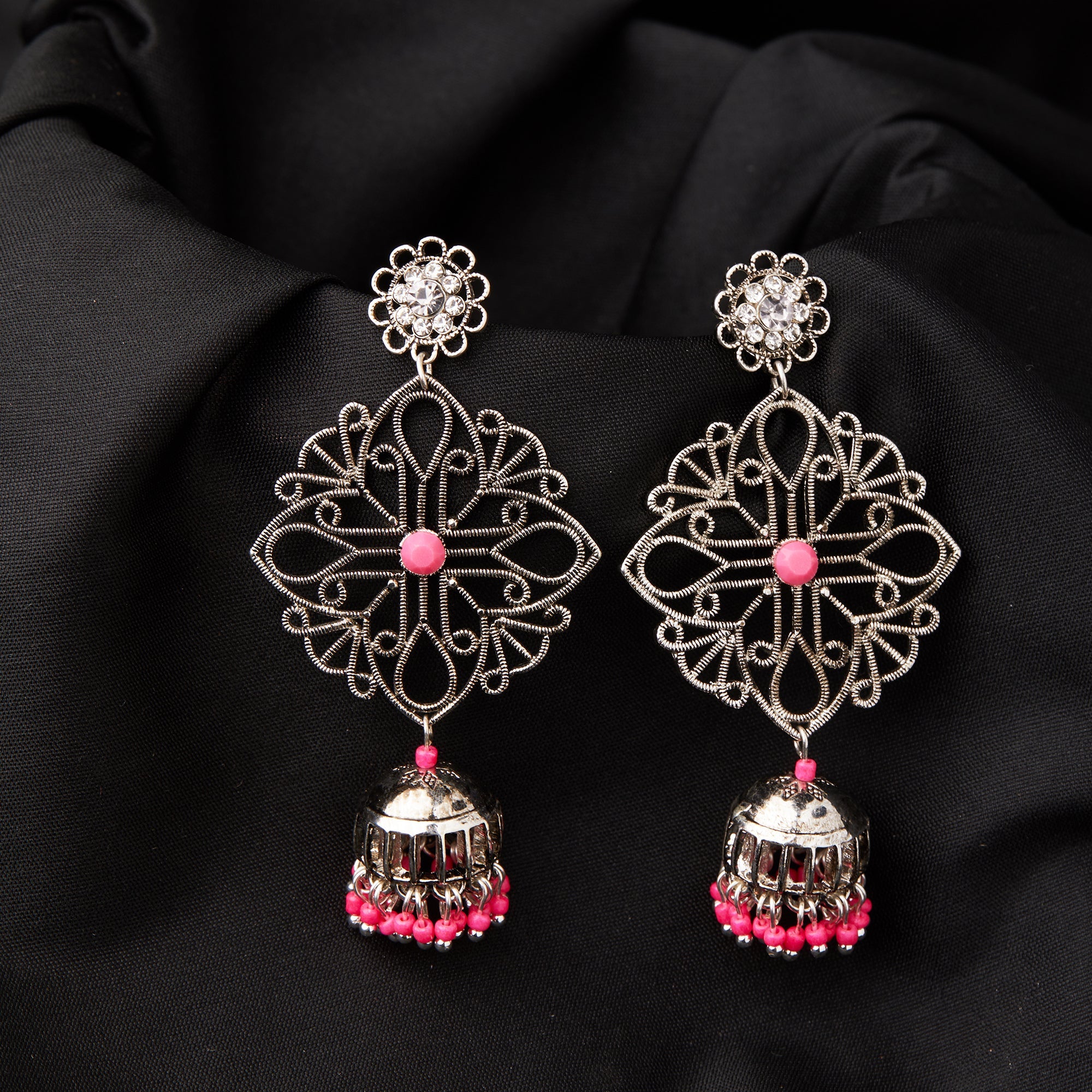 Accessorize London Women's Oxidised Pink Filigree Jhumkas