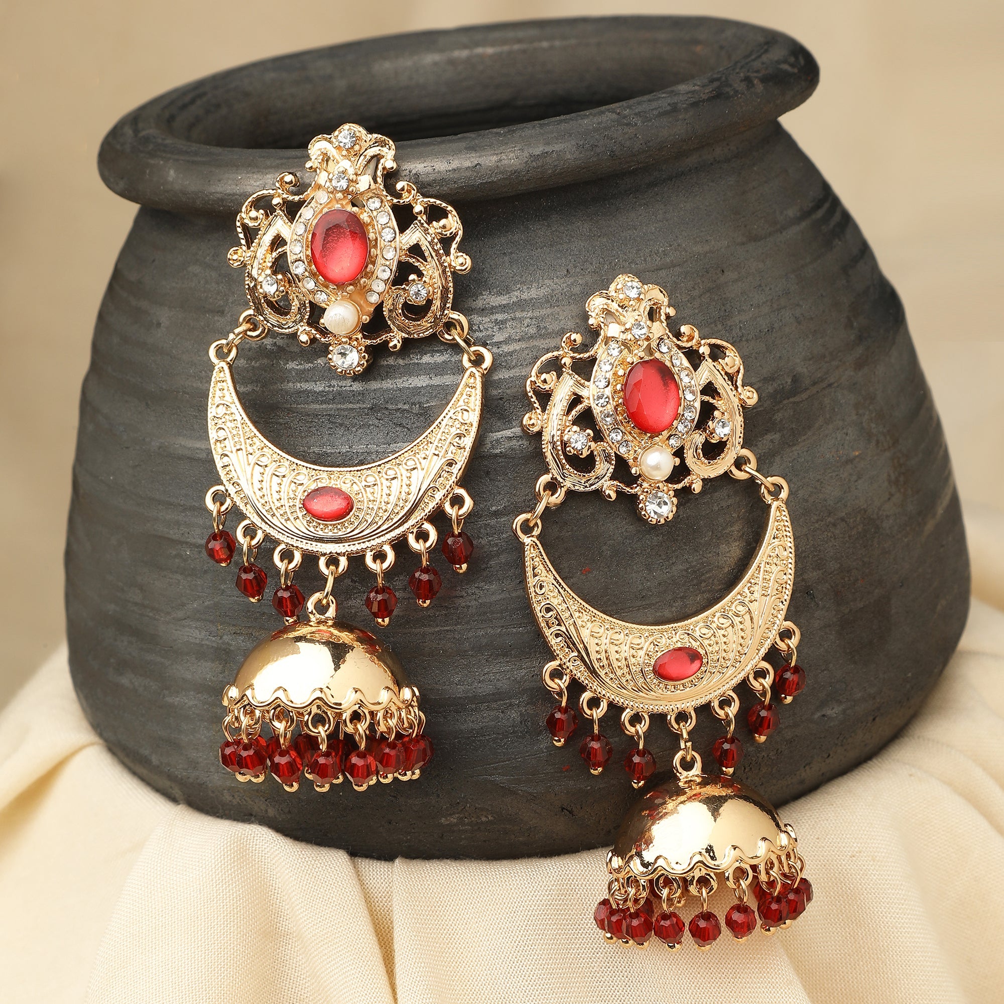 Accessorize London Women's Red Golden Jhumkas