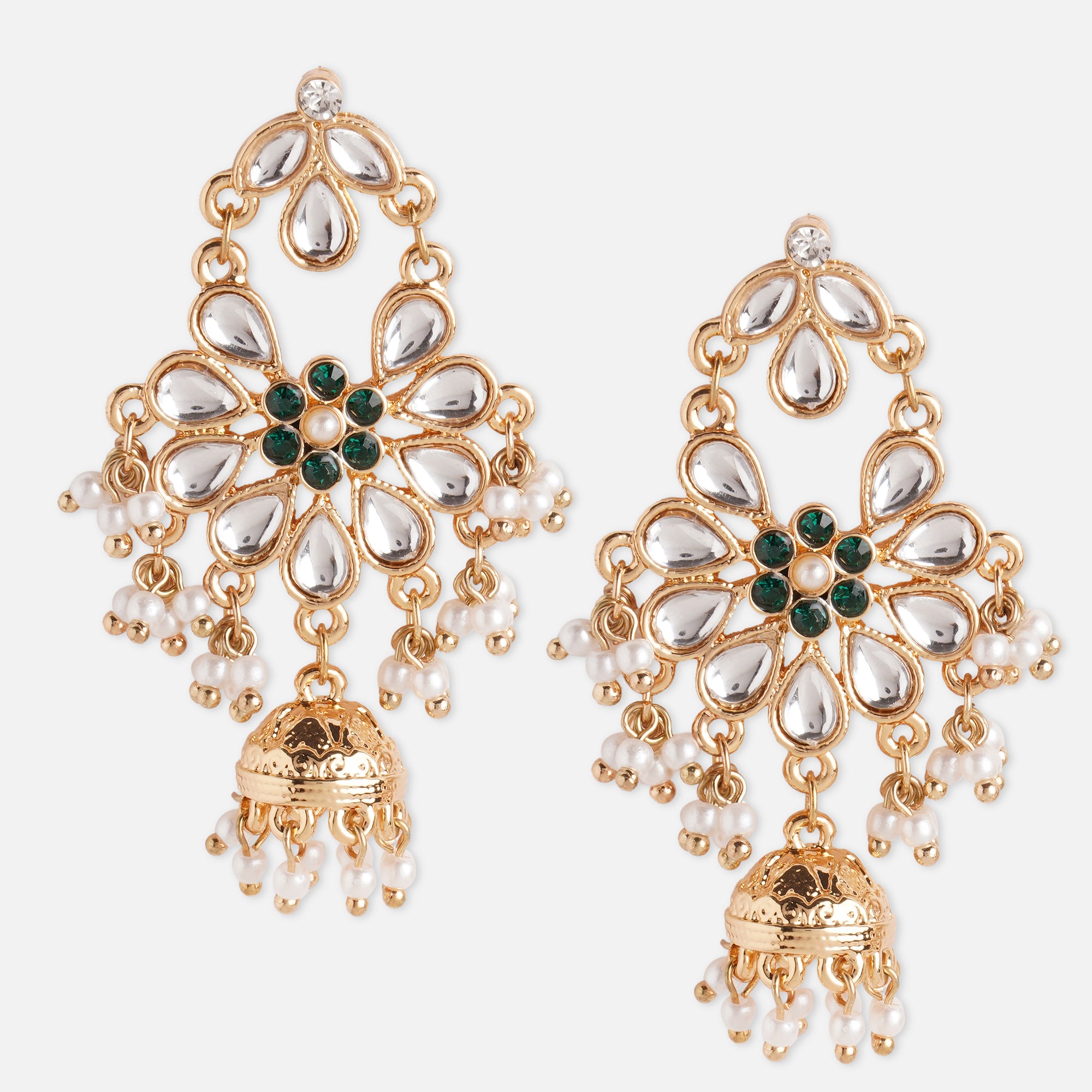 Green Kundan And Pearl Jhumkas