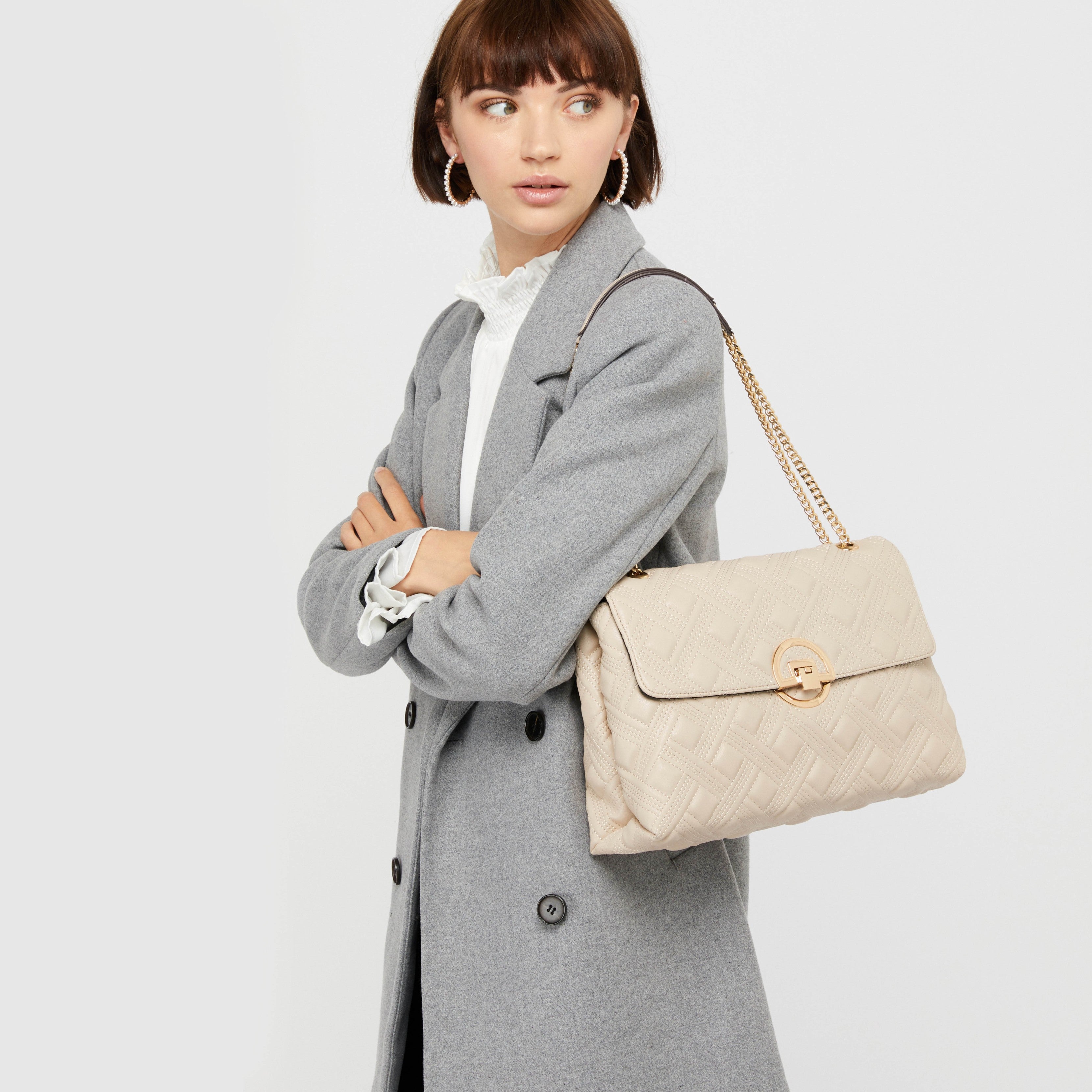 Accessorize London Women's Oversized White Ayda Quilted Adjustable Shoulder Sling Bag