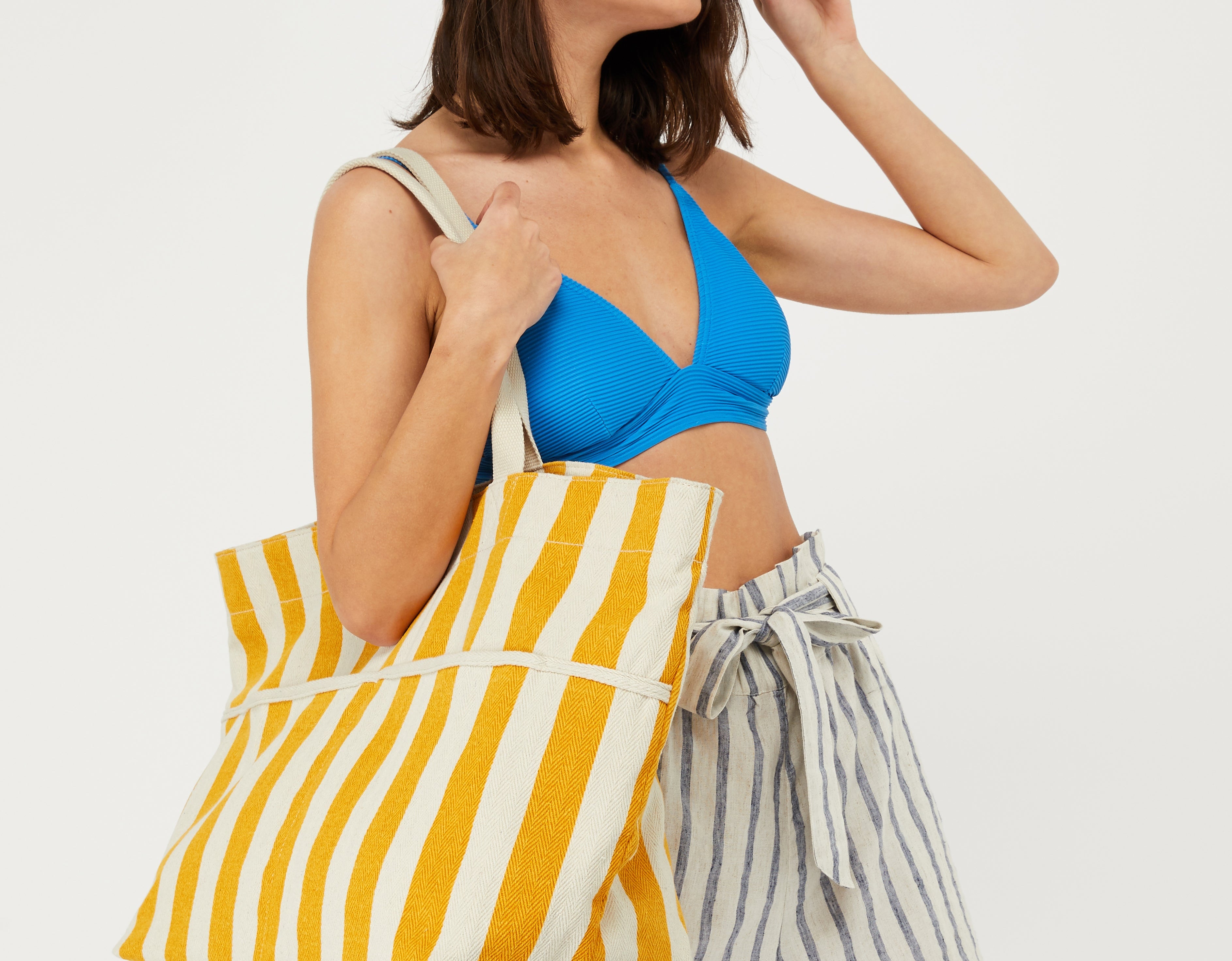 Accessorize London Women's Yellow & White Woven Stripe Beach Tote Bag