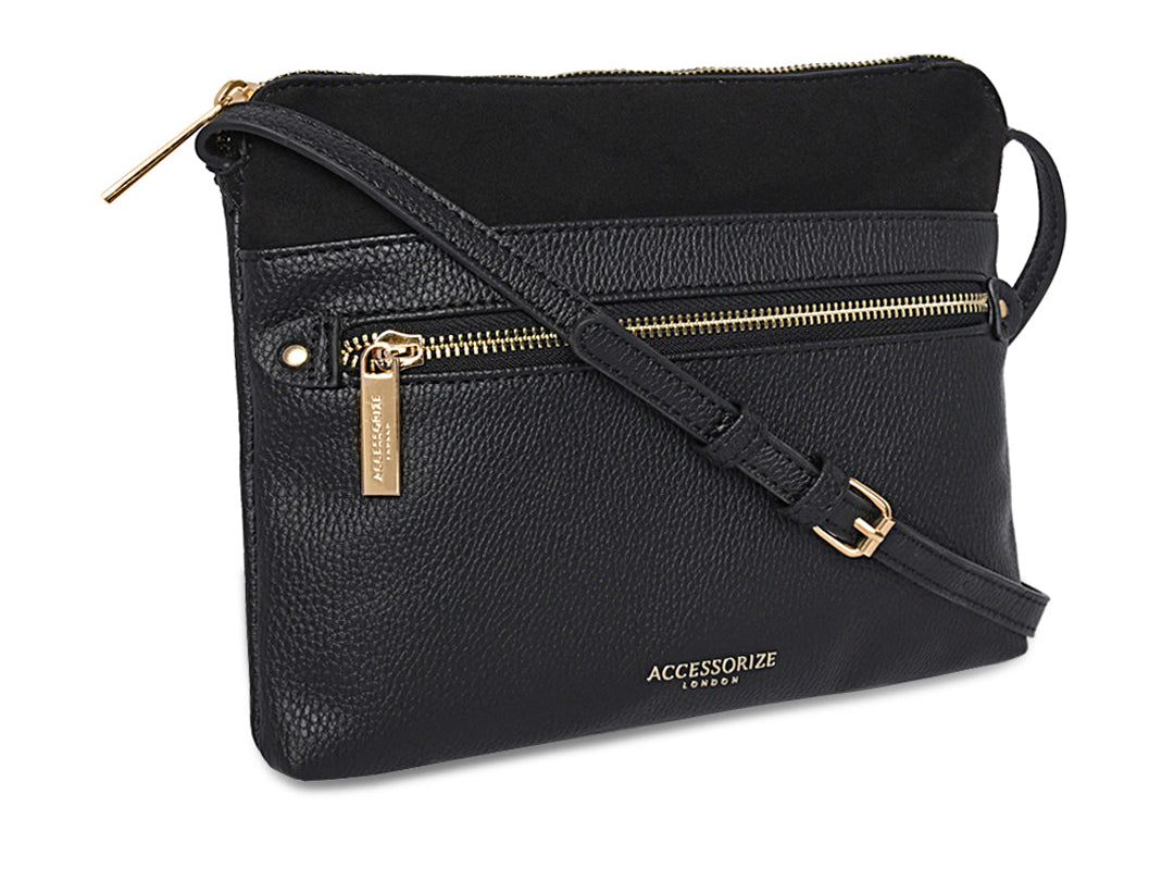 Accessorize London Women's Faux Leather Black Elly Front Pocket Sling Bag