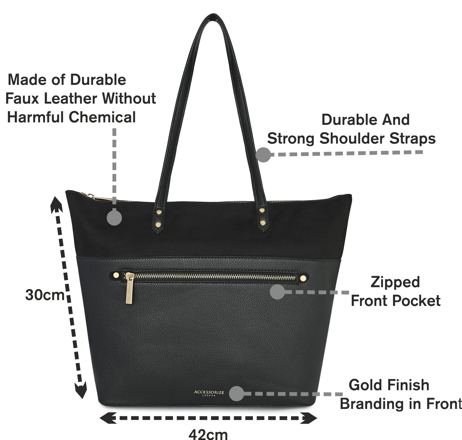Accessorize London Womens Faux Leather Black Front Pocket Molly Tote   Accessorize India