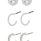 Accessorize London Set Of 3 Silver Pave Stud & Hoop Earrings