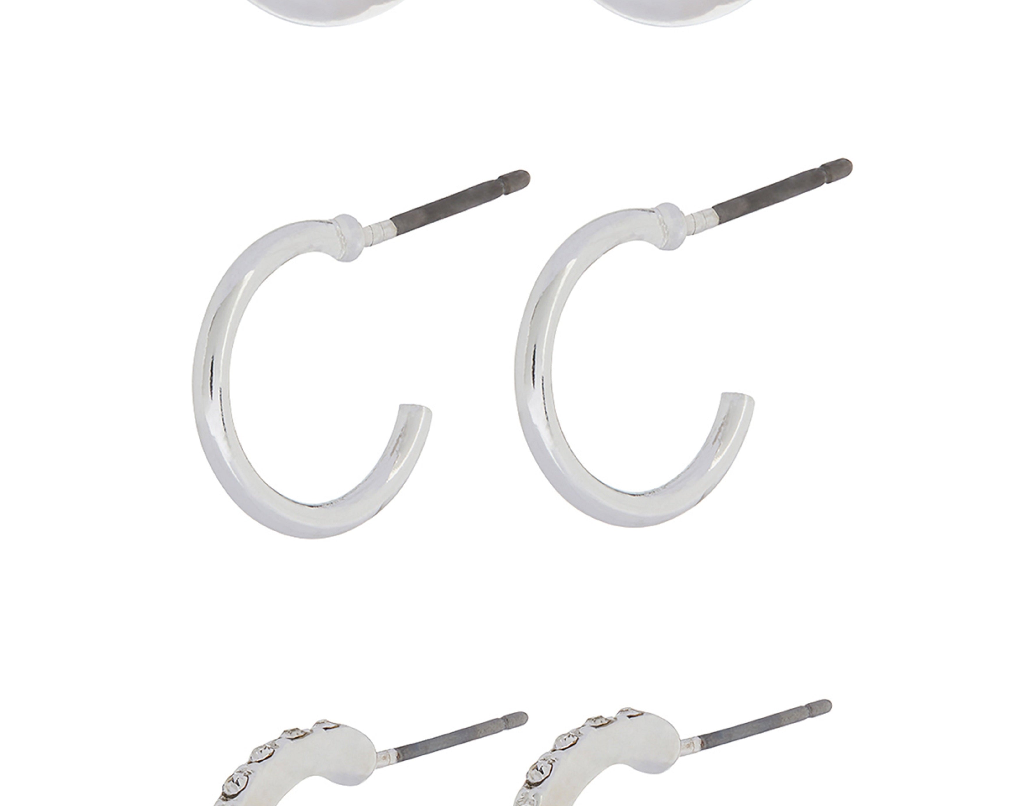 Accessorize London Set Of 3 Silver Pave Stud & Hoop Earrings